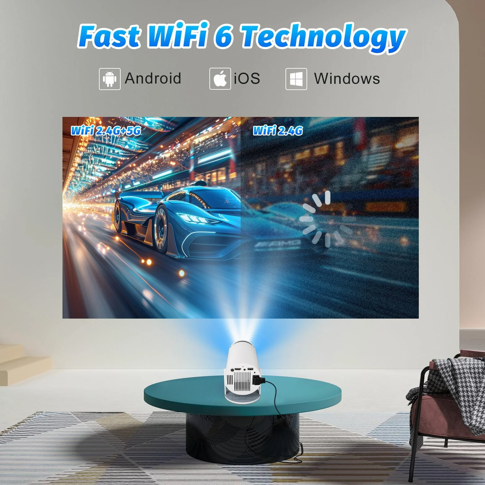 Mini projecteur 4K Support 1080P Smart WiFi 6 Android 11.0 BT 5.0 Écran 130'' Rotation 180° Correction Automatique Trapèze Portable