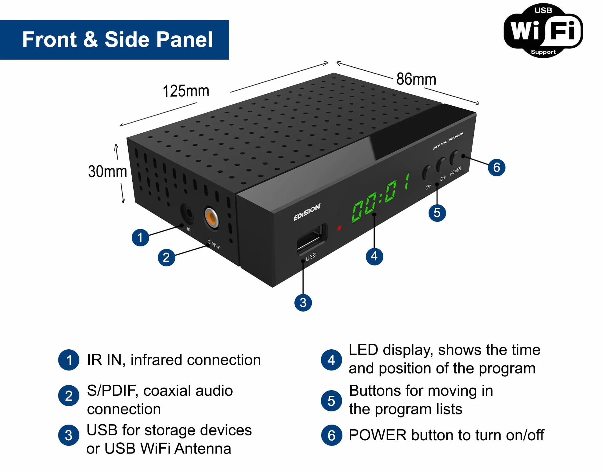 EDISION Proton S2 Plus Full HD Récepteur Satellite DVB-S2 FTA Unicable USB Wi-Fi LAN HDMI