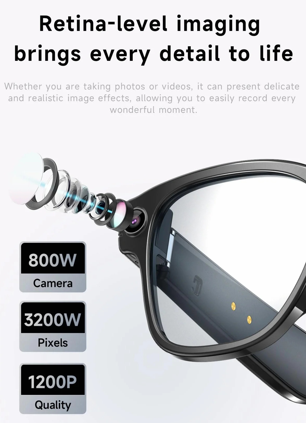 Lunettes Intelligentes AI avec Caméra 8MP, Lunette Camera Bluetooth Homme, Traduction IA Temps Réel, Audio Open-Ear, Lentilles Automatiques, Protection UV, Vidéo HD 1200P