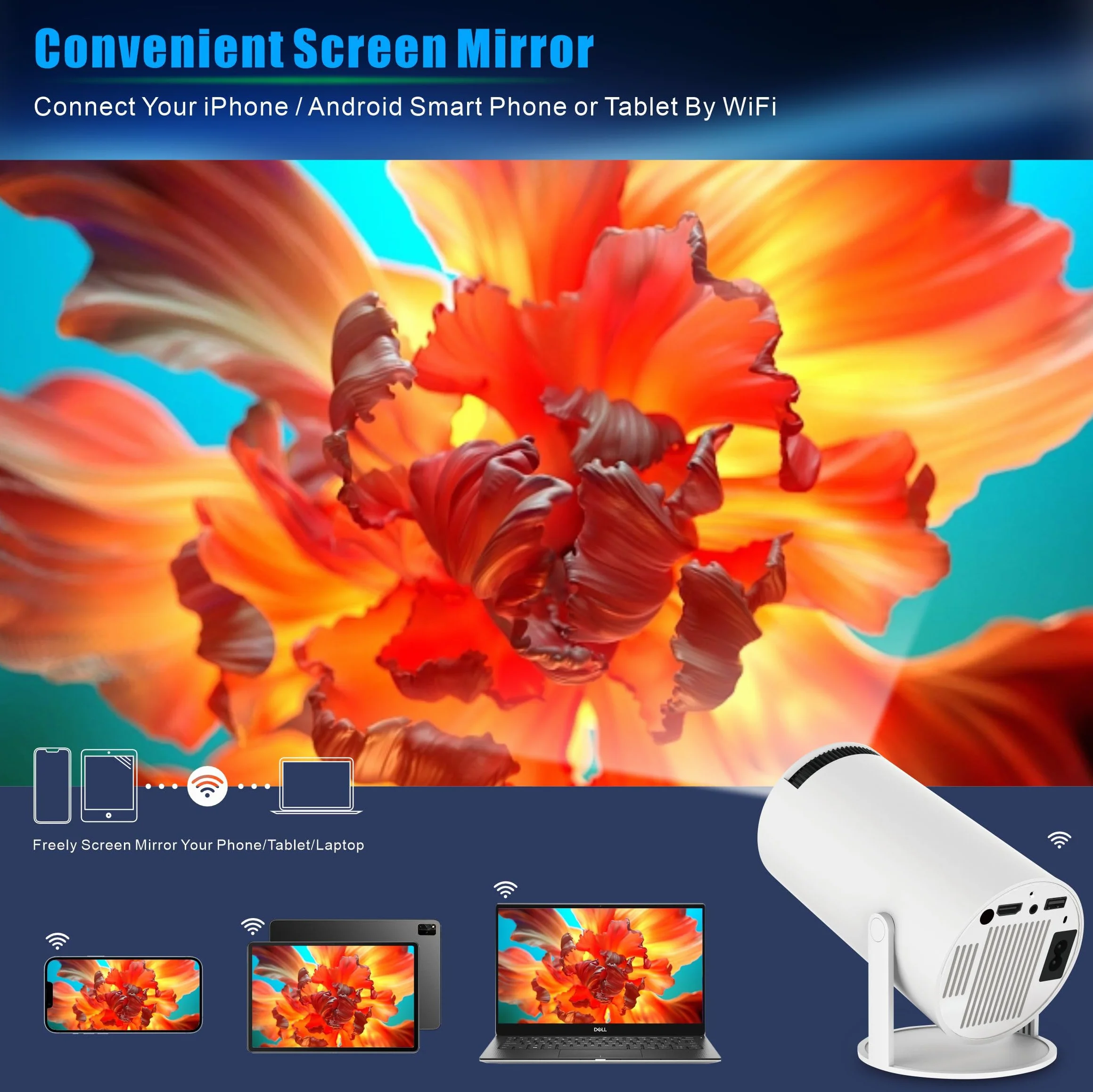 Mini Projecteur 4K Videoprojecteur Portable Projecteur Video WiFi 6 Android 11 Retroprojecteur 1080P Full HD Supporté pour TÉLÉPhone PC Lap HDMI Home Cinéma 180° Rotation (HY300PRO)