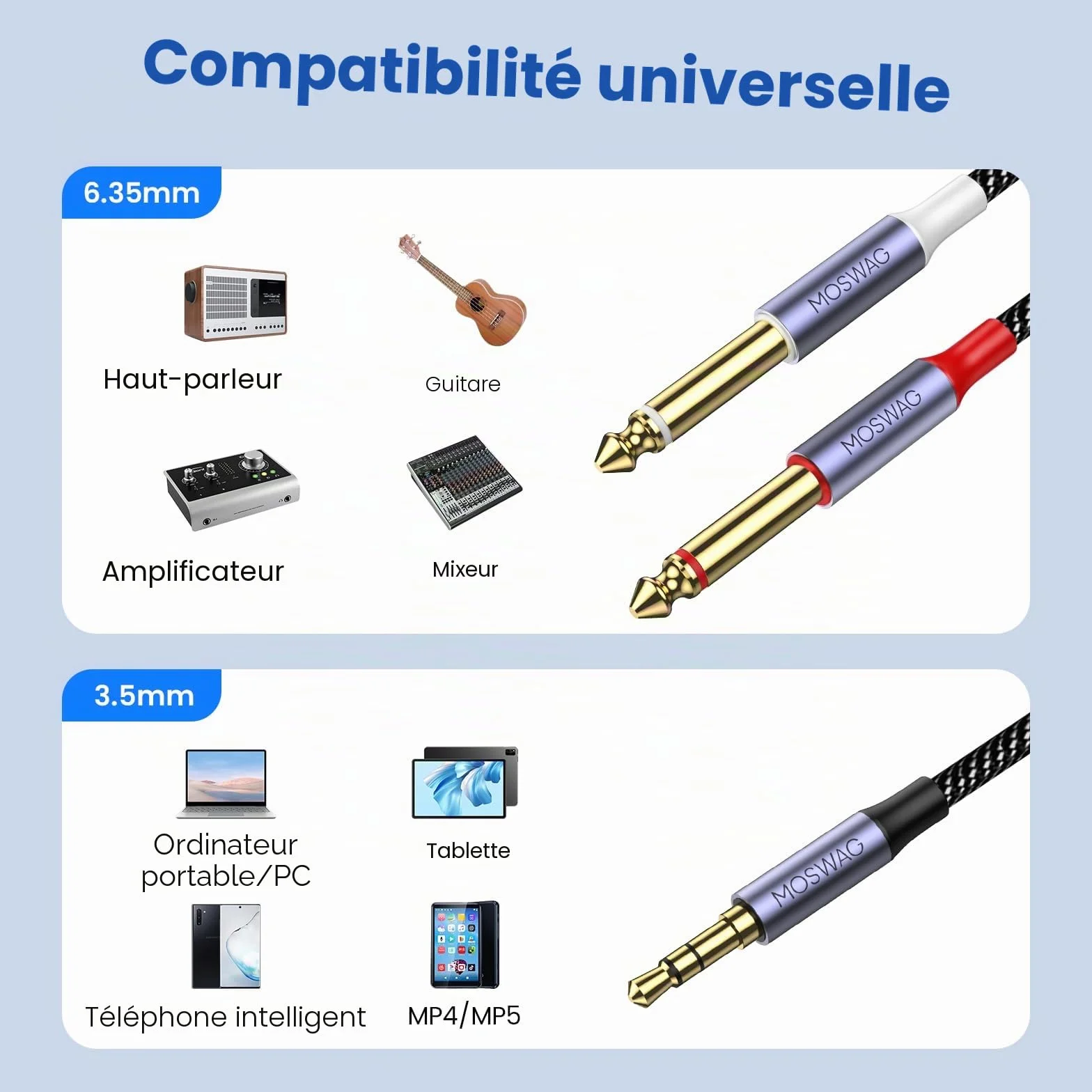 MOSWAG Câble Audio 3.5mm vers Double 6.35mm 1M, 6.35 vers 3.5 Mâle Y Splitter TRS Jack, Plaqué Or Nylon Tressé 3,5mm à 2X 6,35mm Splitter Câble pour Amplificateur, Cinéma Maison