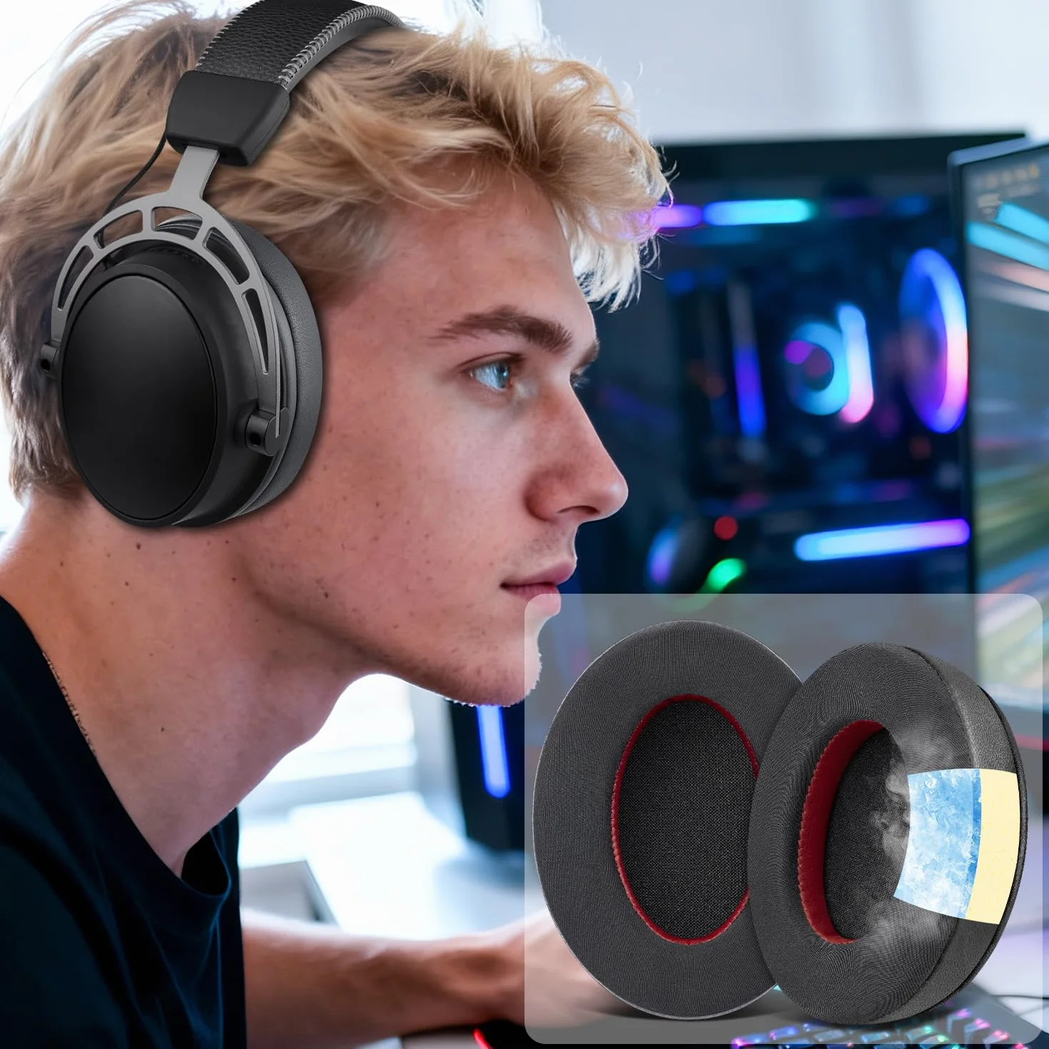 SOULWIT Gel de Refroidissement Mousse Coussin pour HyperX Cloud 2/3/1/Alpha/Flight/Stinger/Stinger2/Core/Pro, CloudX Stinger/Flight Series