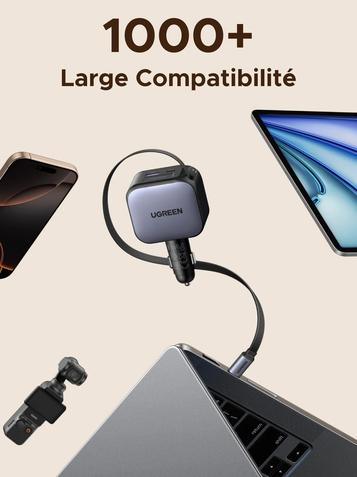 UGREEN Nexode 145W 4 en 1 Chargeur Allume Cigare USB C Rétractable Chargeur Voiture Charge Rapide Compact Compatible avec iPhone 17 Pro Max Air 16 15 MacBook Pro Air iPad Galaxy Tab Galaxy S25 Ultra