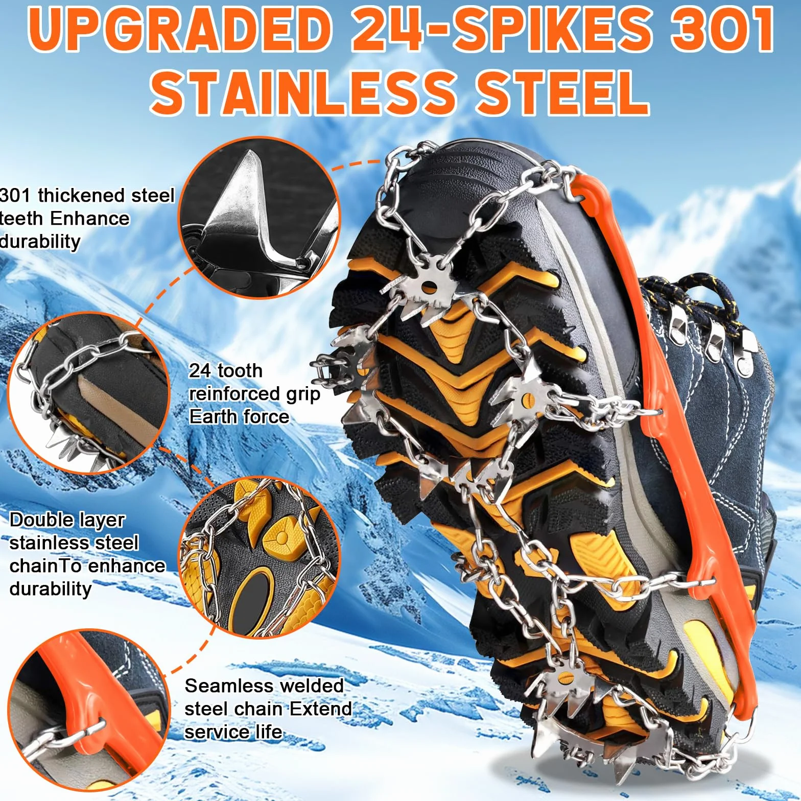 Crampons antidérapants pour Bottes de randonnée Neige Glace Traction 24 Pointes TPE Résistant Froid