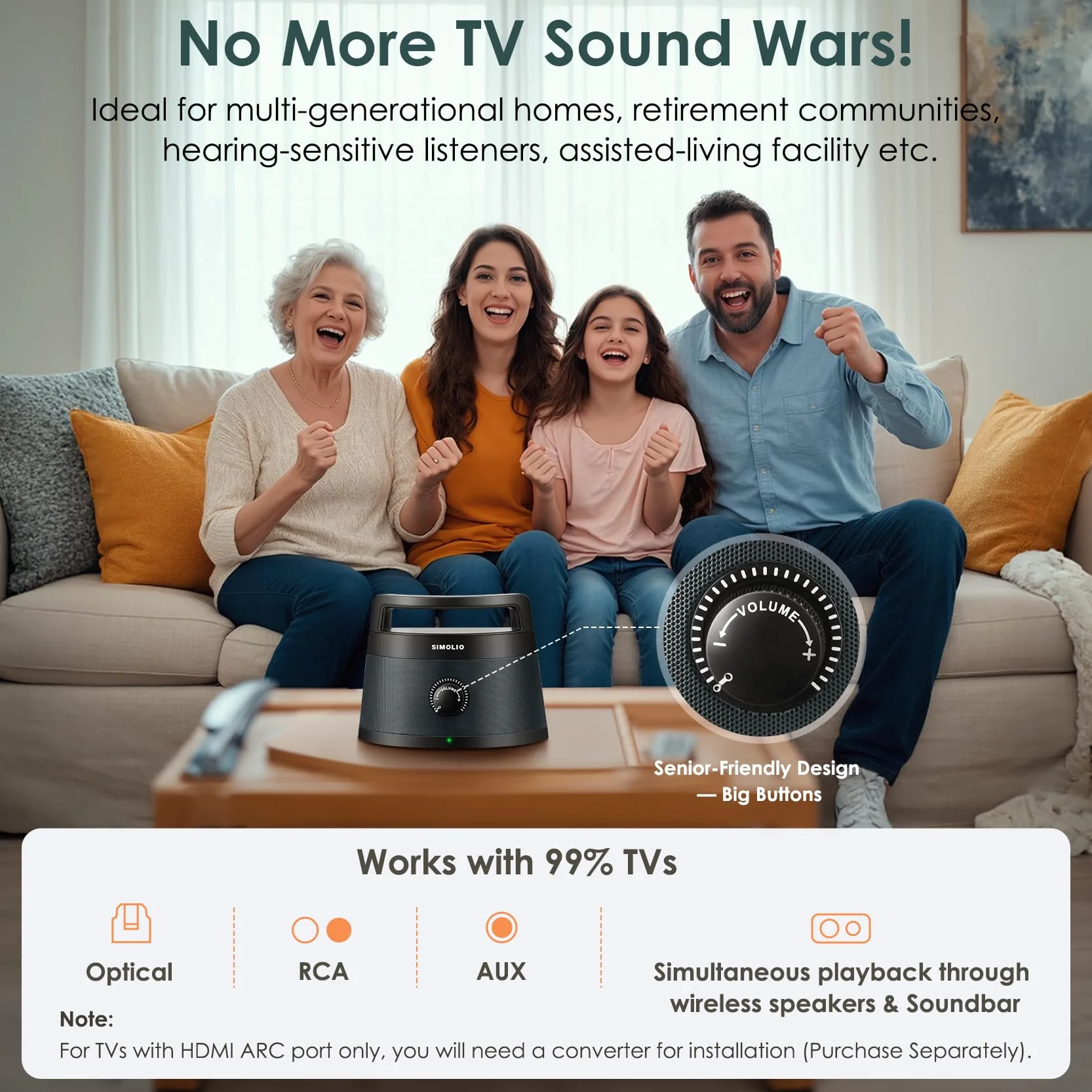 SIMOLIO Enceintes TV sans Fil Seniors Malentendants Bluetooth Haut-parleurs 3 Modes Égalisation Améliorateur Dialogue 164 Pieds