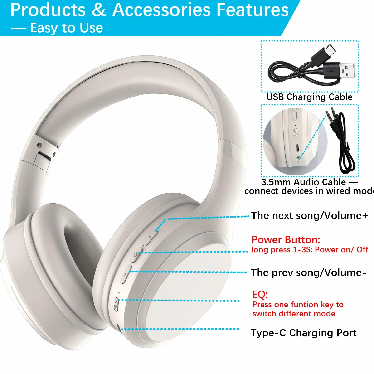 5.3 Casque sans fil Bluetooth avec microphone intégré, autonomie de 82 heures, prise en charge de l'audio haute résolution, coussinets confortables, pliables et respirants, compatible avec les télépho