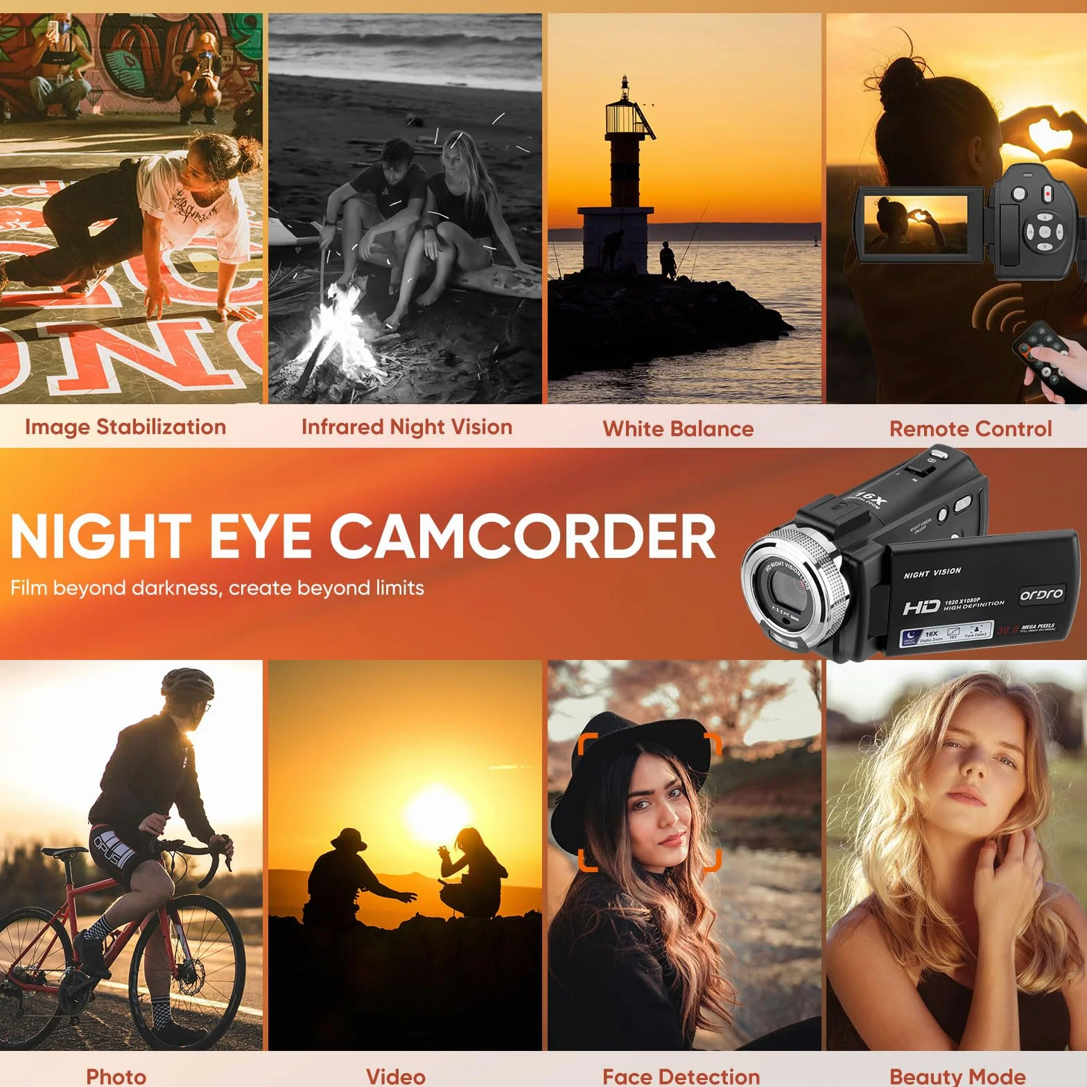 ORDRO Caméra Vidéo de Vision Nocturne Youtube Vlogging Camera Recorder FHD 1080P 15FPS 30MP 3,0 Pouces 270 Degrés de Rotation LCD Caméscope à Zoom Numérique 16X avec 2 Piles et Carte SD de 16 Go