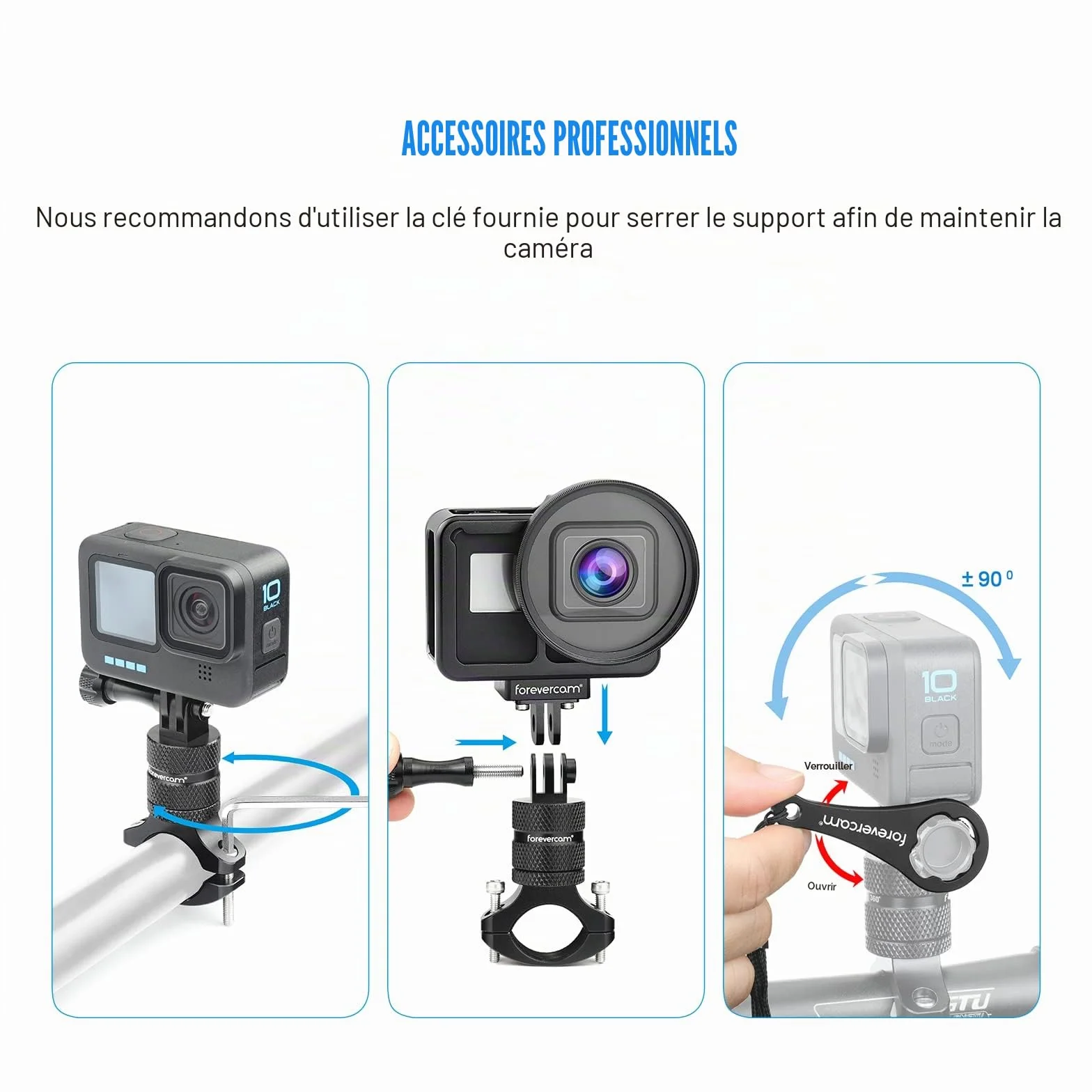 Forevercam-Support de caméra d’action en alliage d’aluminium pour guidon de vélo, rotation à 360 degrés, compatible avec diverses caméras