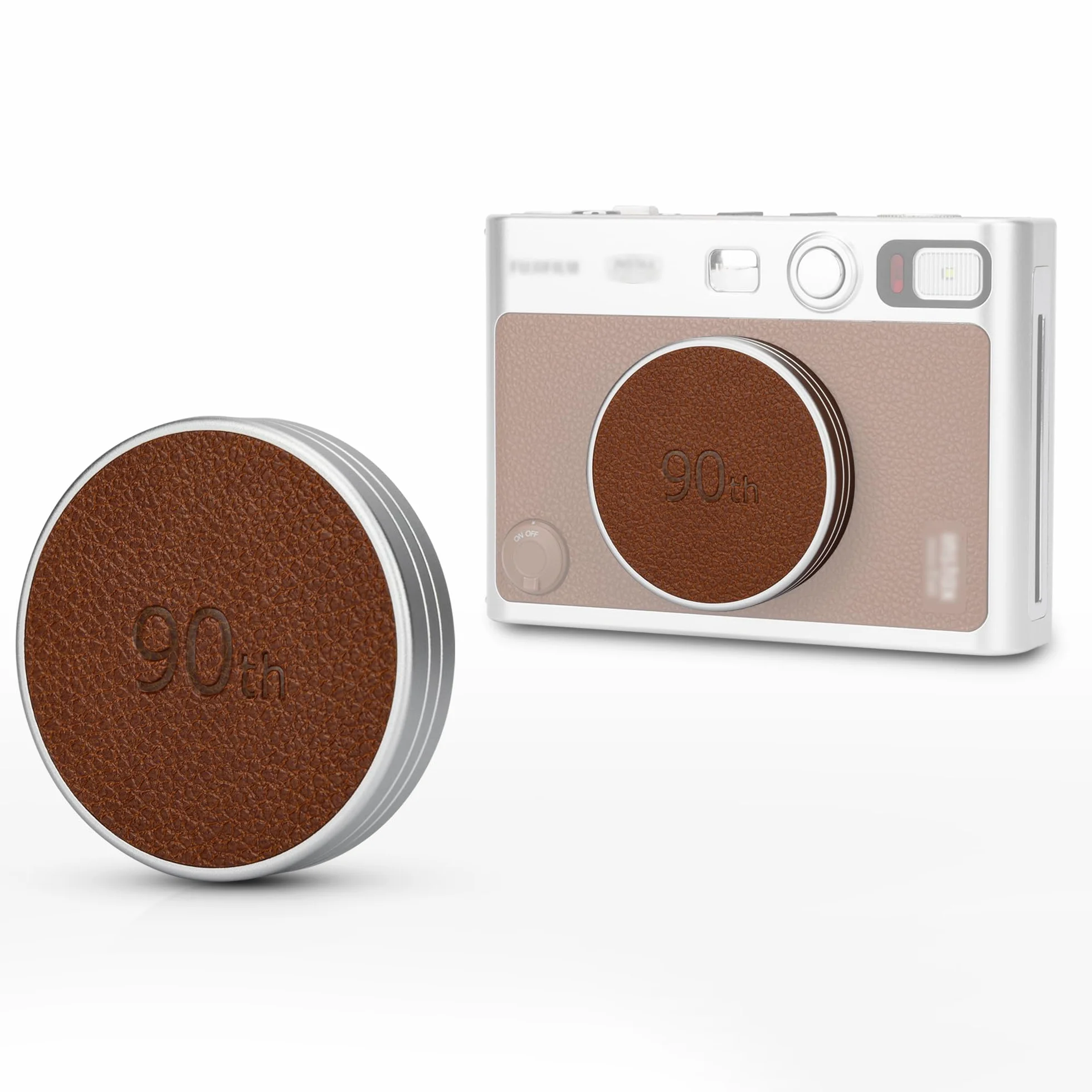 JJC Bouchon D'objectif en Métal pour Appareil Photo Fuji Instax Mini Evo, Accessoires Mini Evo en Aluminium avec Surface en Cuir et Intérieur en EVA Souple, Marron
