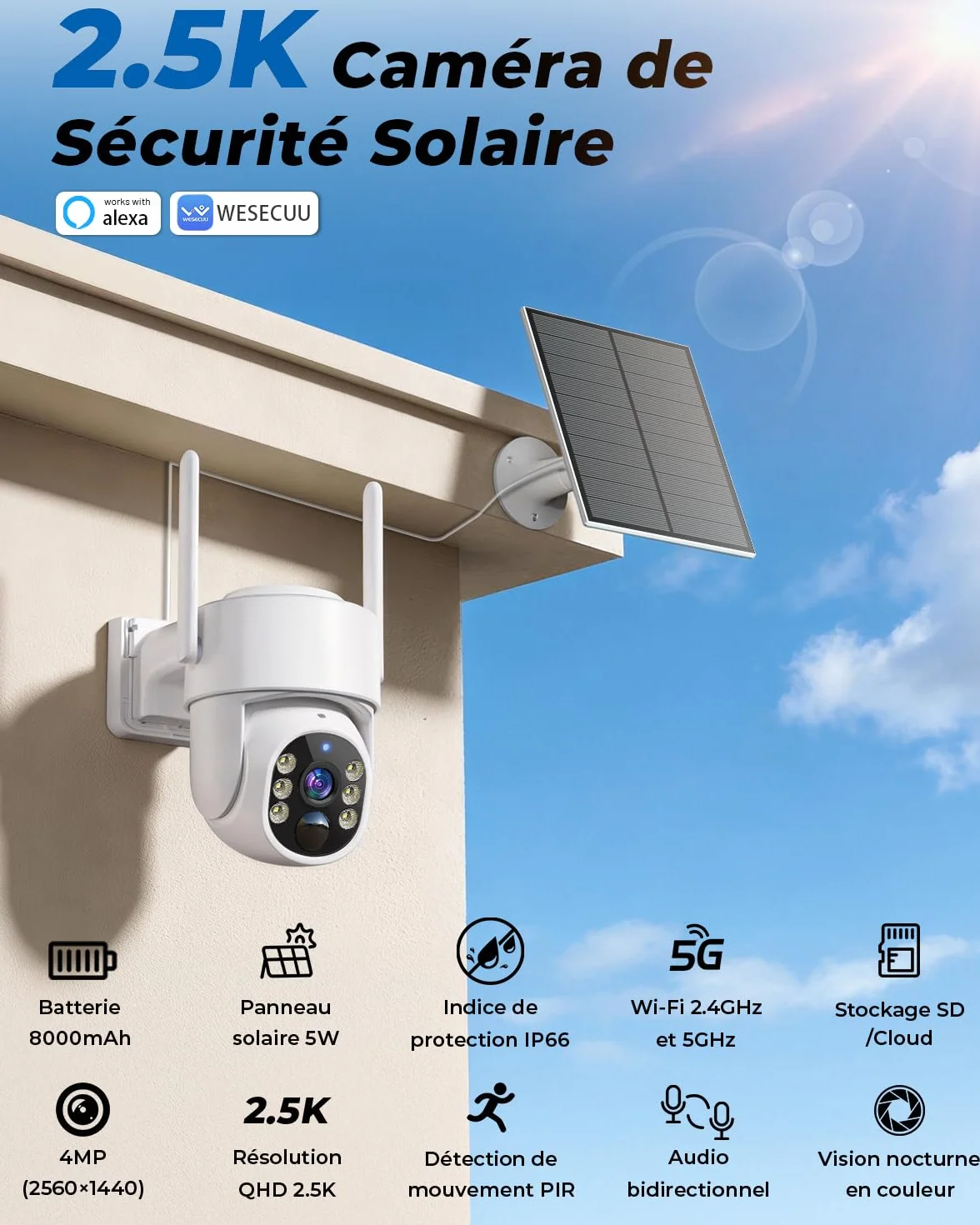 WESECUU Camera Surveillance WiFi Exterieure sans Fil Solaire 2.5K 4MP avec Panneau Solaire 5W, 360° PTZ, IP66