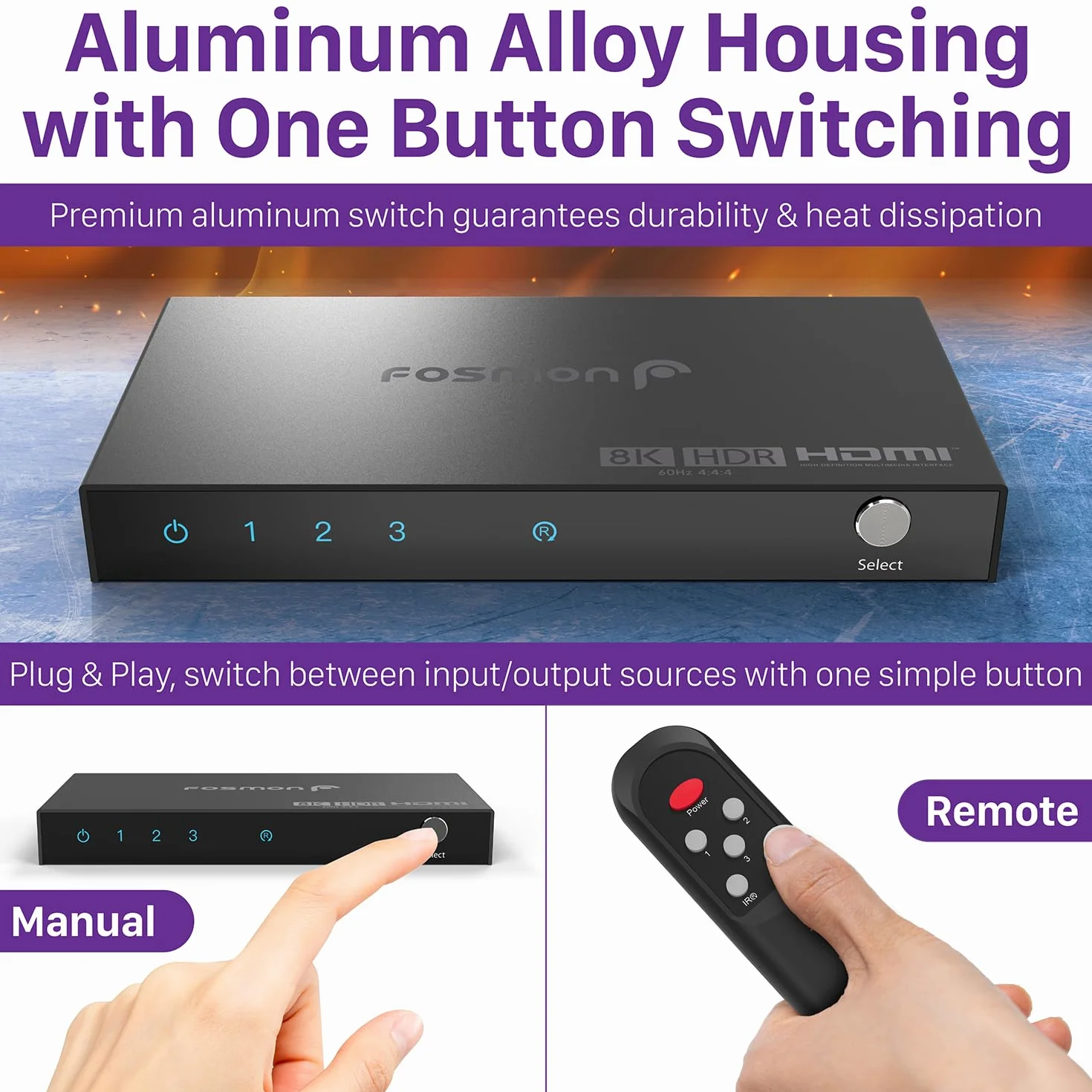 Fosmon Commutateur HDMI 8K 3 Ports avec Télécommande, 8K@60Hz 4K@120Hz HDR10+ HDCP 2.3 48Gbps, Switch HDMI 2.1 3 Entrées 1 Sortie Hub Compatible avec PS5, Xbox X|S, Apple TV, DVD, PC, Moniteur