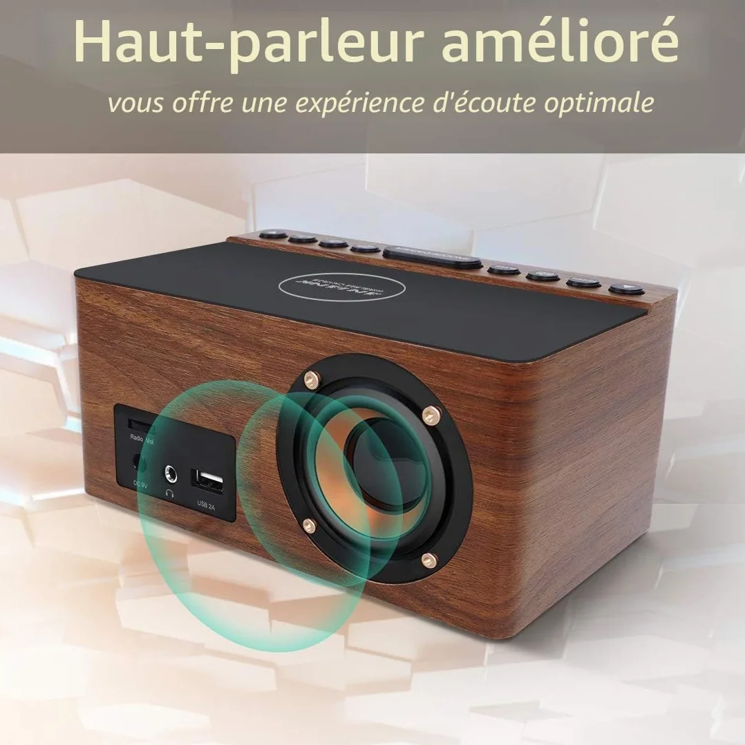 Radio Réveil Numérique en Bois avec Radio FM,Station de Charge sans fil Rapide Pour iPhone/Samsung Galaxy,Alarm Clock et Affichage LED,Variateur à 5 Niveaux,Port USB,Minuterie de Sommeil, Marron