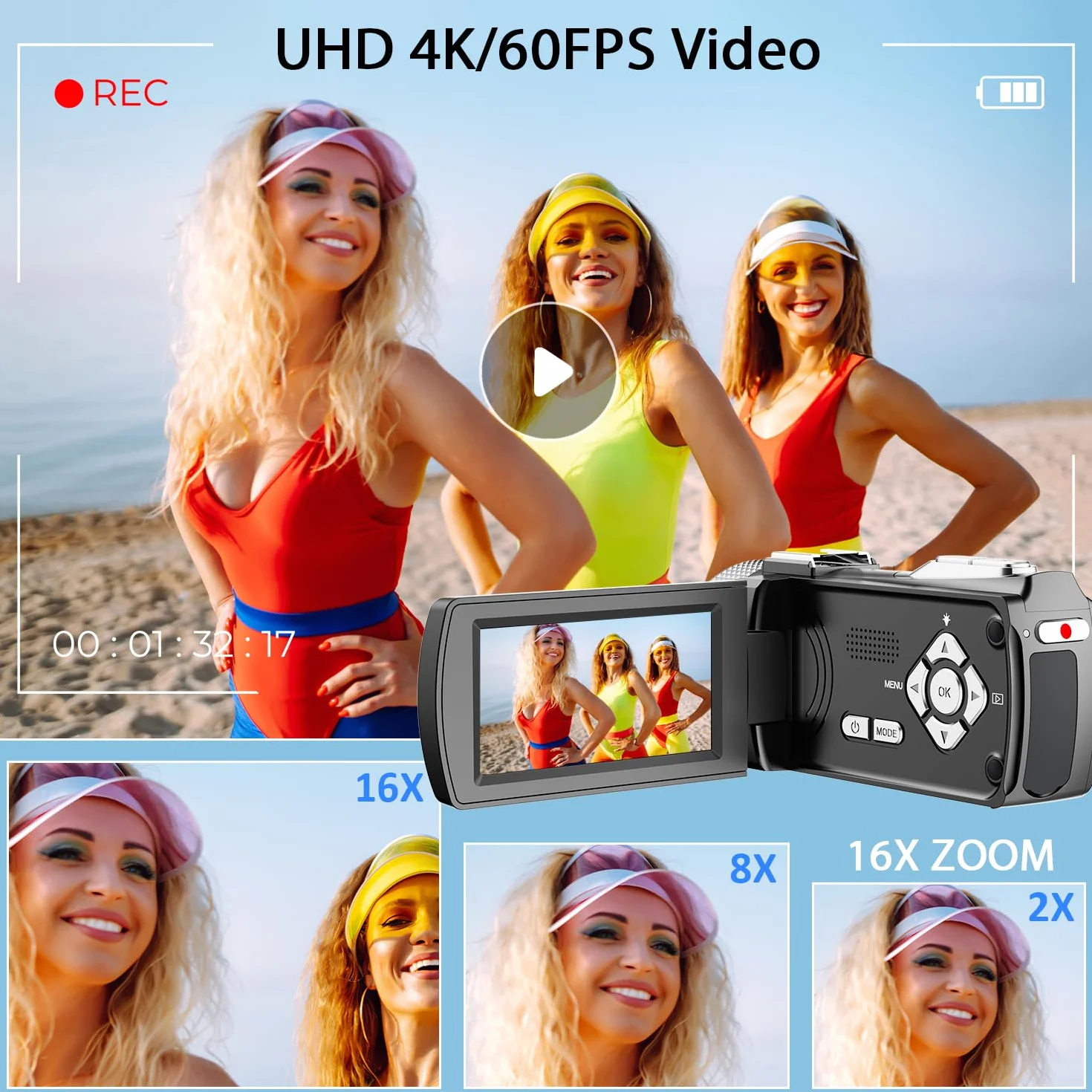 Caméra vidéo 4K 48MP Photo/enregistreur vidéo 4K 60FPS, caméscope numérique pour Youtube Vlogging avec Microphone sans Fil/Carte SD/2 Piles/télécommande