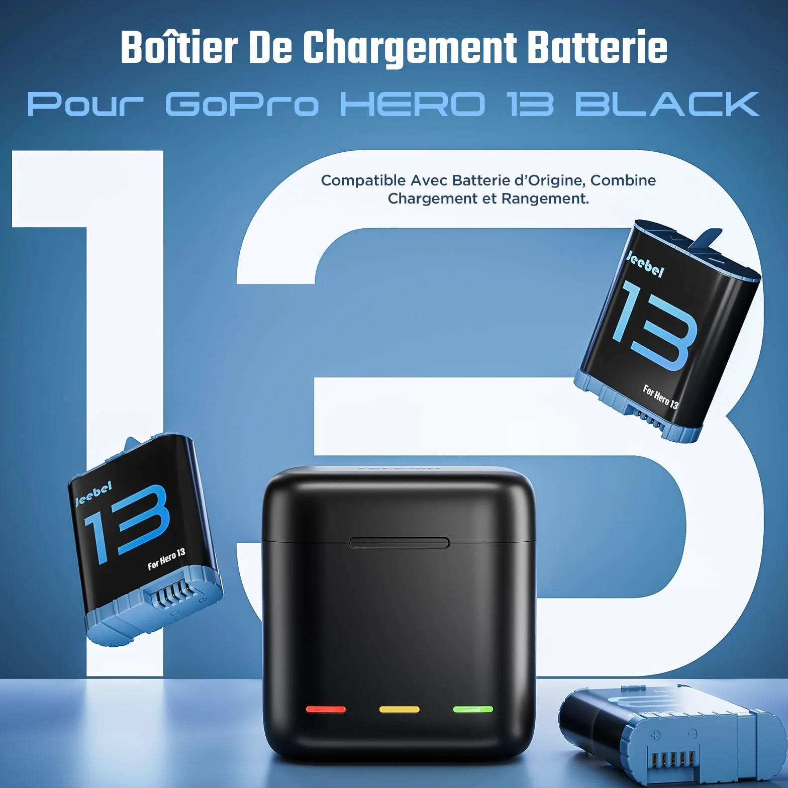 Jeebel Chargeur de batterie pour GoPro Hero 13 Black - Chargeur 3 canaux rapide 2,4 A USB-C - Compatible GoPro Hero 13 Black
