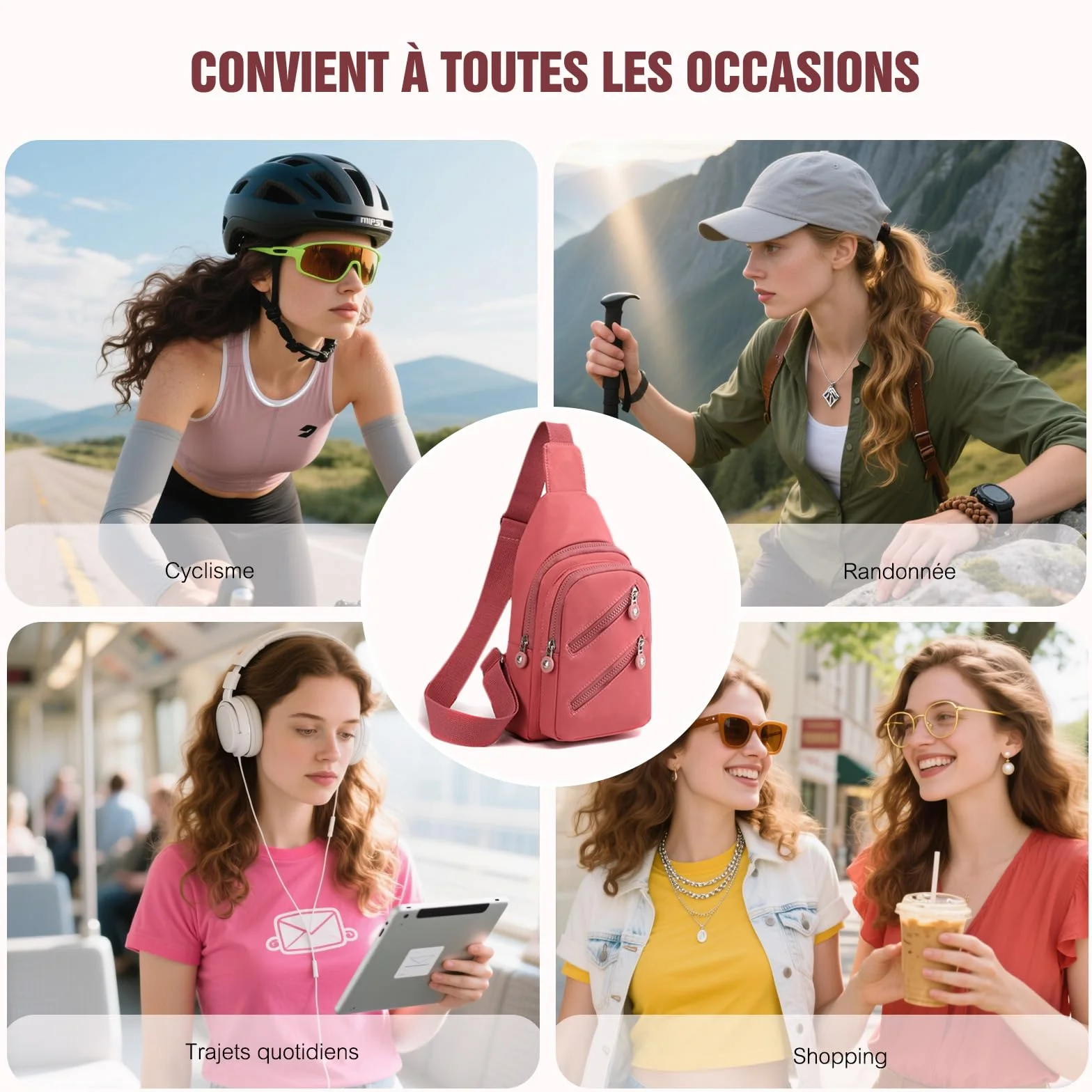 FANDARE Sac à poitrine Femme Bandoulière Sacoche traversante avec trou pour écouteurs Sac messager Outdoor