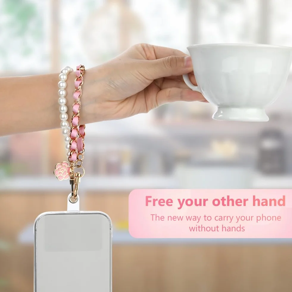 OFFCUP Dragonne de Téléphone, Perle Chaîne Téléphone Portable Charme, Anti-Perte Longe en Cuir Métallique avec Fleur, Bracelet Telephone 2 Patchs Arrière