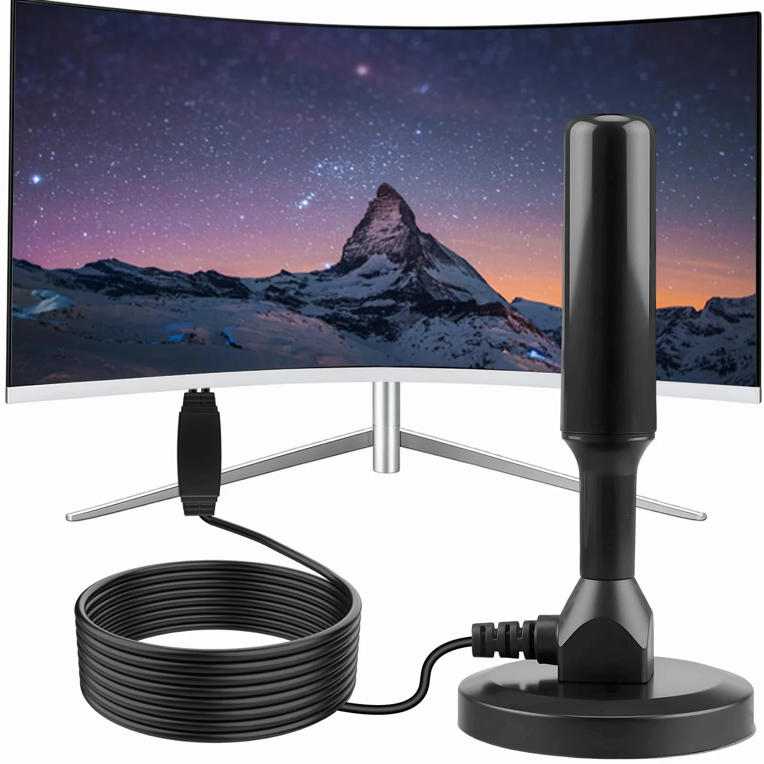 Antenne TV IntéRieur Puissante, HD Haute Performance avec Base Magnétique, Réception 360° Compatible 4K UHD & DVB-T2 Câble Coaxial 3m pour Télévision Intelligente Antenne TNT sans Abonnement