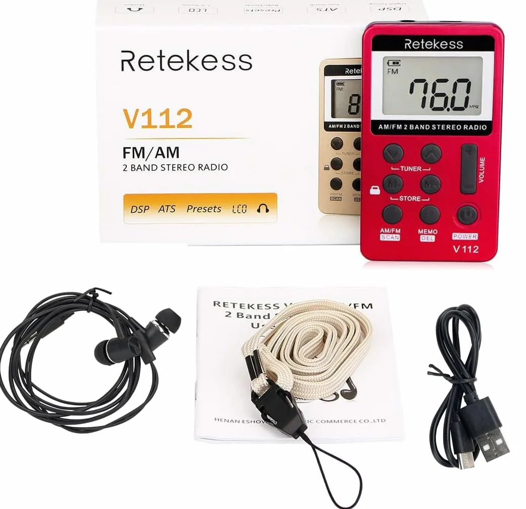 Retekess V112 Mini Radio FM de Poche,Radio Portable,FM AM,Prise Casque,d'Extérieur,Convient pour Course à Pied,de Sport,Randonnée,Le Camping(Rouge)