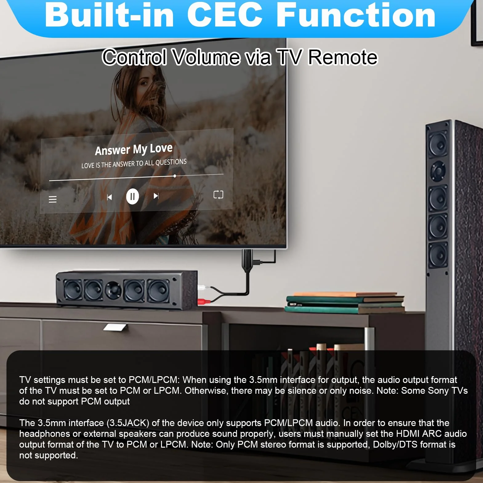 Extracteur Audio HDMI eARC ARC 192 kHz Câble Convertisseur HDMI ARC HD eARC vers AV Adaptateur AUX 3,5 mm