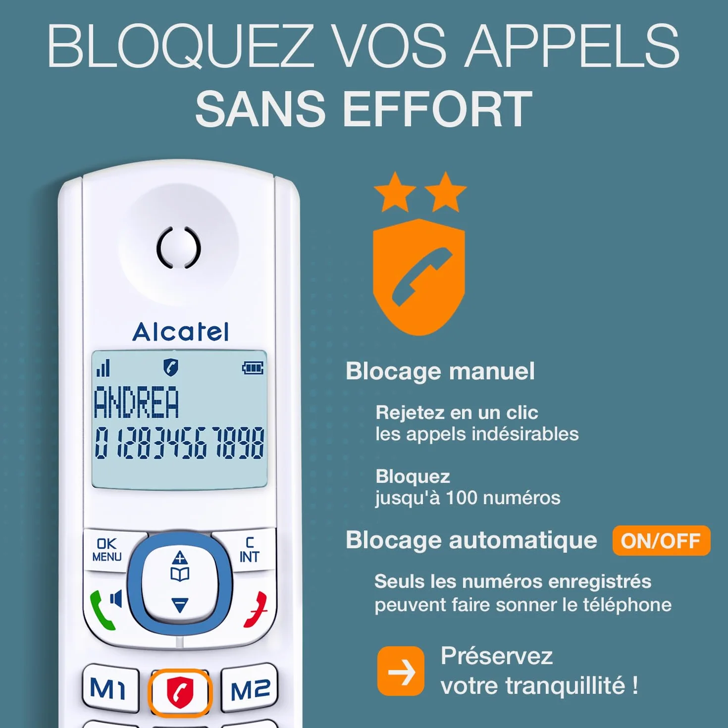 ALCATEL F530 Duo Téléphone Fixe Sans Fil DECT Grand Écran Rétroéclairé Mains Libres 2 Combinés Blanc/Bleu