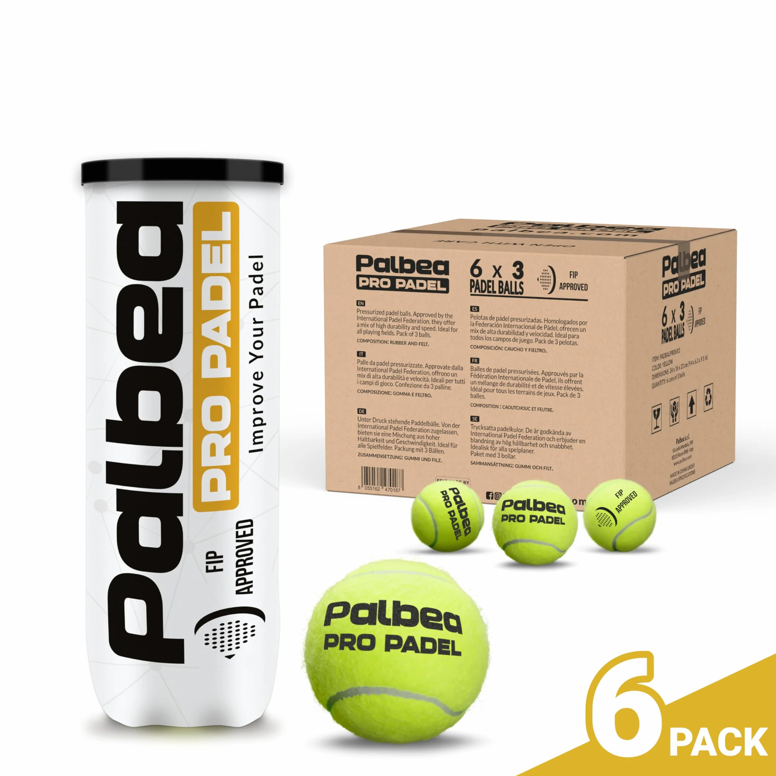 Palbea Pro Padel Balles de Padel FIP Approuvées HV Haute Visibilité 24 Tubes