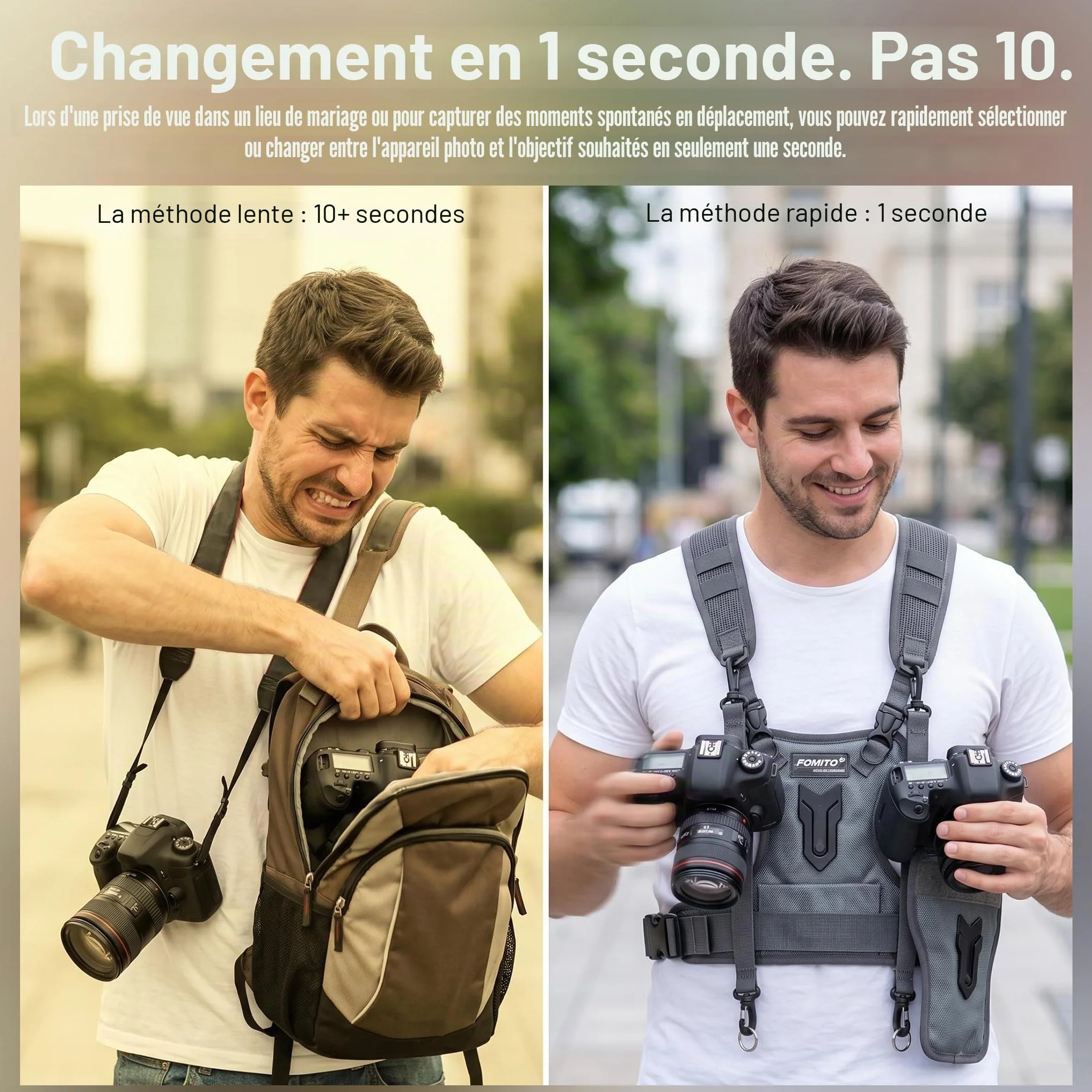 FOMITO Camera Chest Harness System Gilet de transport multi-appareil photo avec étui latéral Gris Compatible avec Canon Nikon Sony Panasonic Olympus DSLR