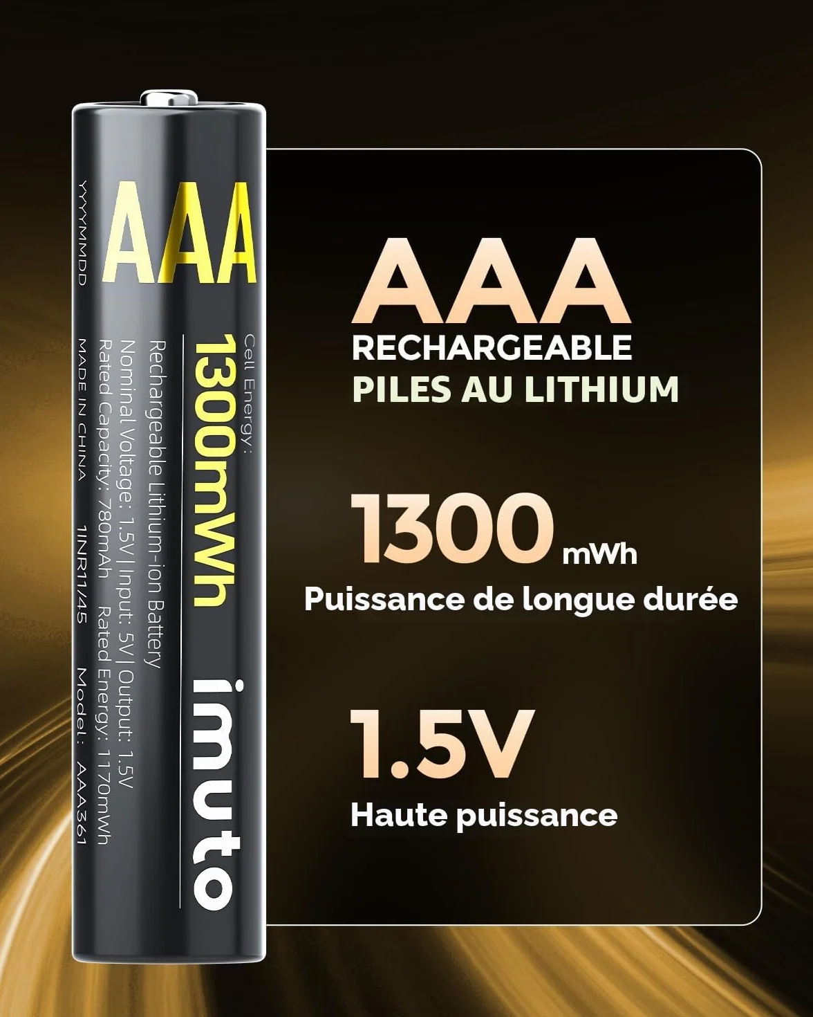 Imuto Piles AAA 1,5V Lithium 1300mWh 1600 Cycles Lot de 8 avec Chargeur