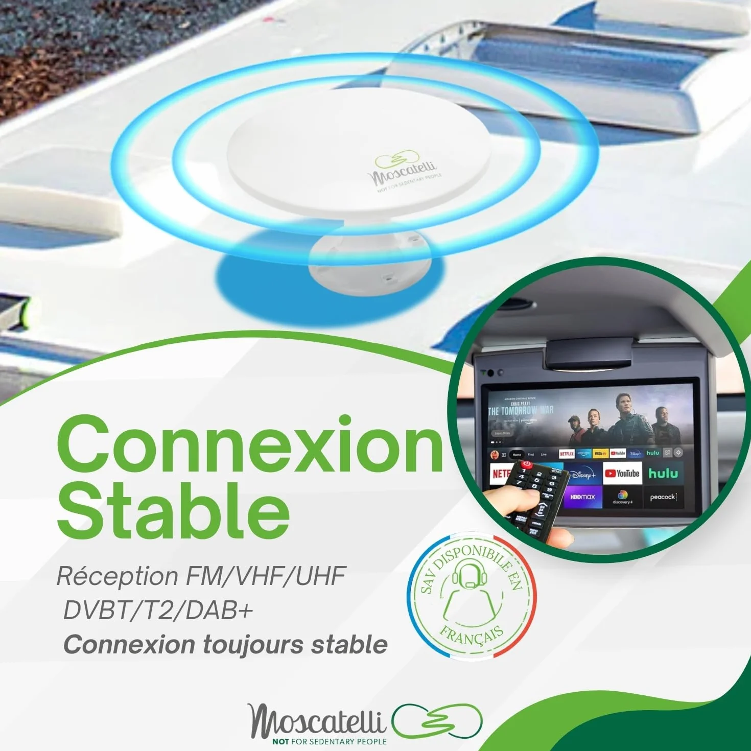 MOSCATELLI Antenne Omnidirectionnelle Terrestre TNT HD - DVB-T/T2 – Dab – 12/24/220 V – Kit Complet avec Câbles et Puissant Amplificateur pour Camping Car, Caravane, Fourgon, Camion, Bateau