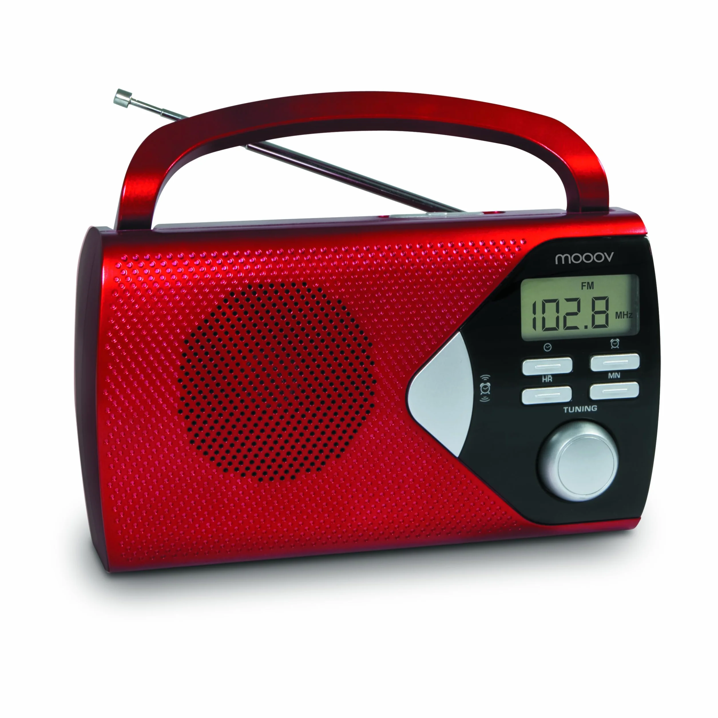MOOOV 477201 Radio Portable à Pile FM/AM, Tuner Affichage Digital, Poste avec Poignée de Transport Rabattable, Facile d'Utilisation, Fonction Heure & Alarme, Secteur ou Piles - Rouge