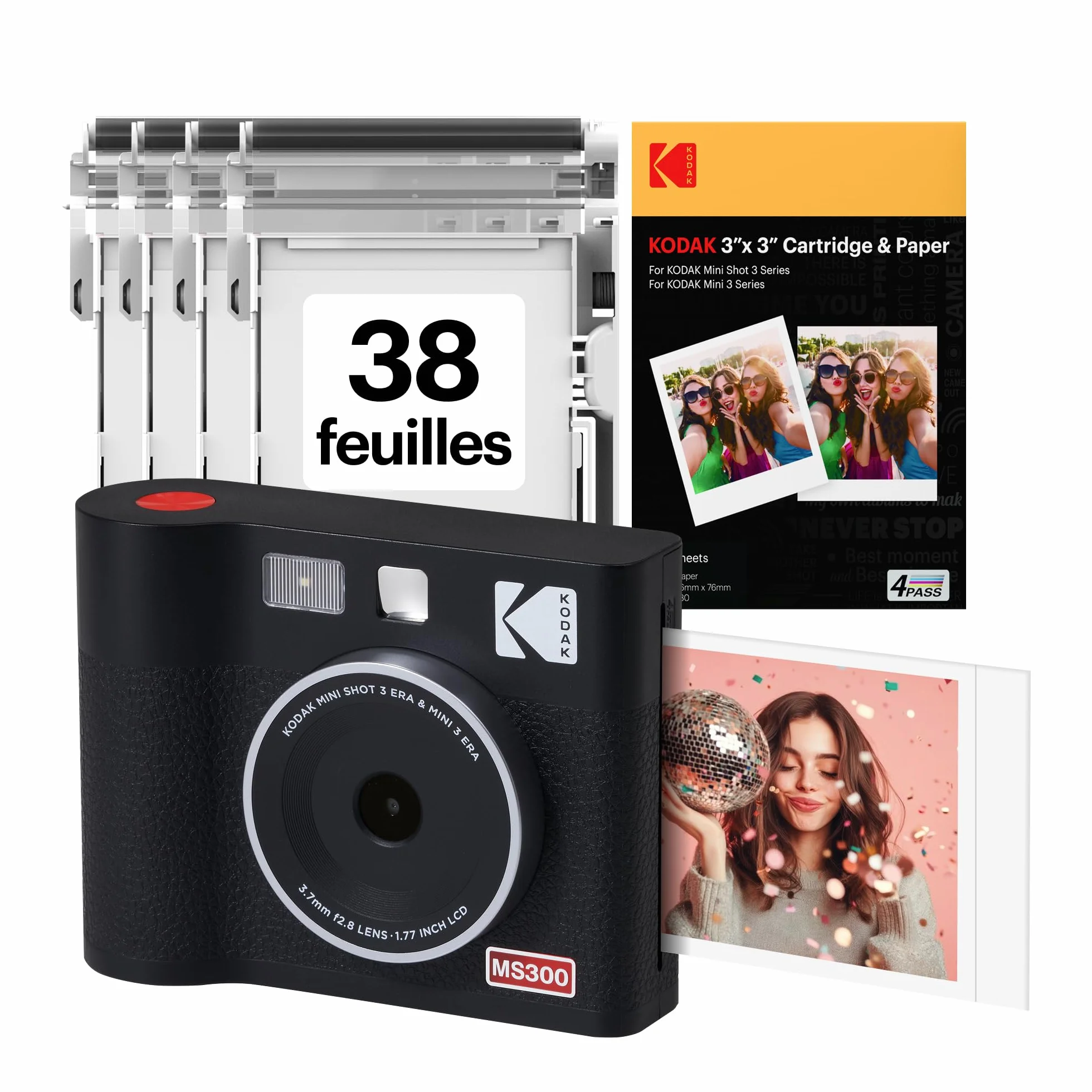 KODAK Mini Shot 3 Era 4PASS 2-in-1 Appareil Photo Instantané et Imprimante Photo Portable (7,6x7,6cm) Appareil Photo + Paquet avec 38 Feuilles, Noir