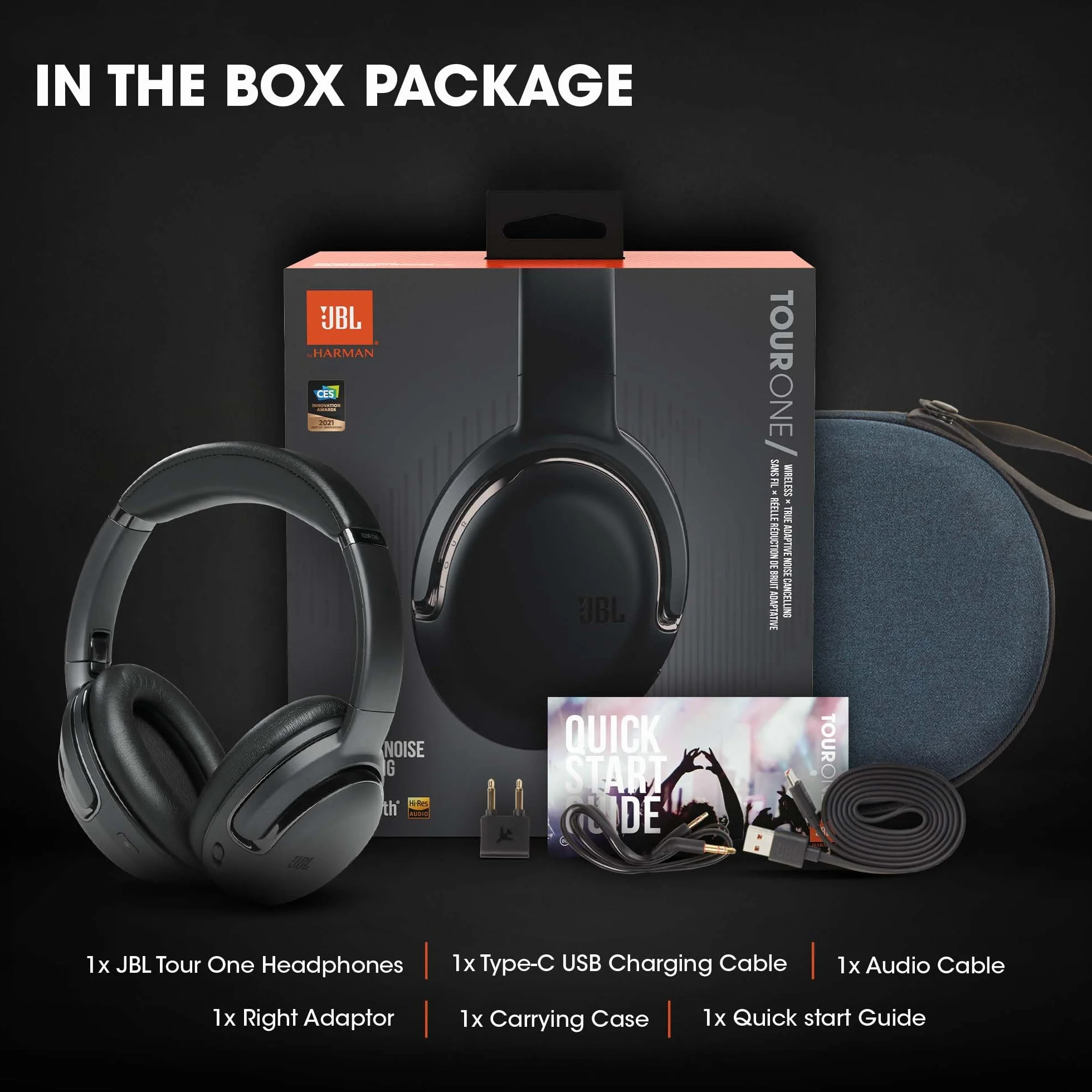 JBL Tour One – Casque circum-auriculaire sans fil avec réduction de bruit – Son JBL Pro – 50h d'autonomie – Connexion Bluetooth – Commande vocale mains libres – Couleur : Noir