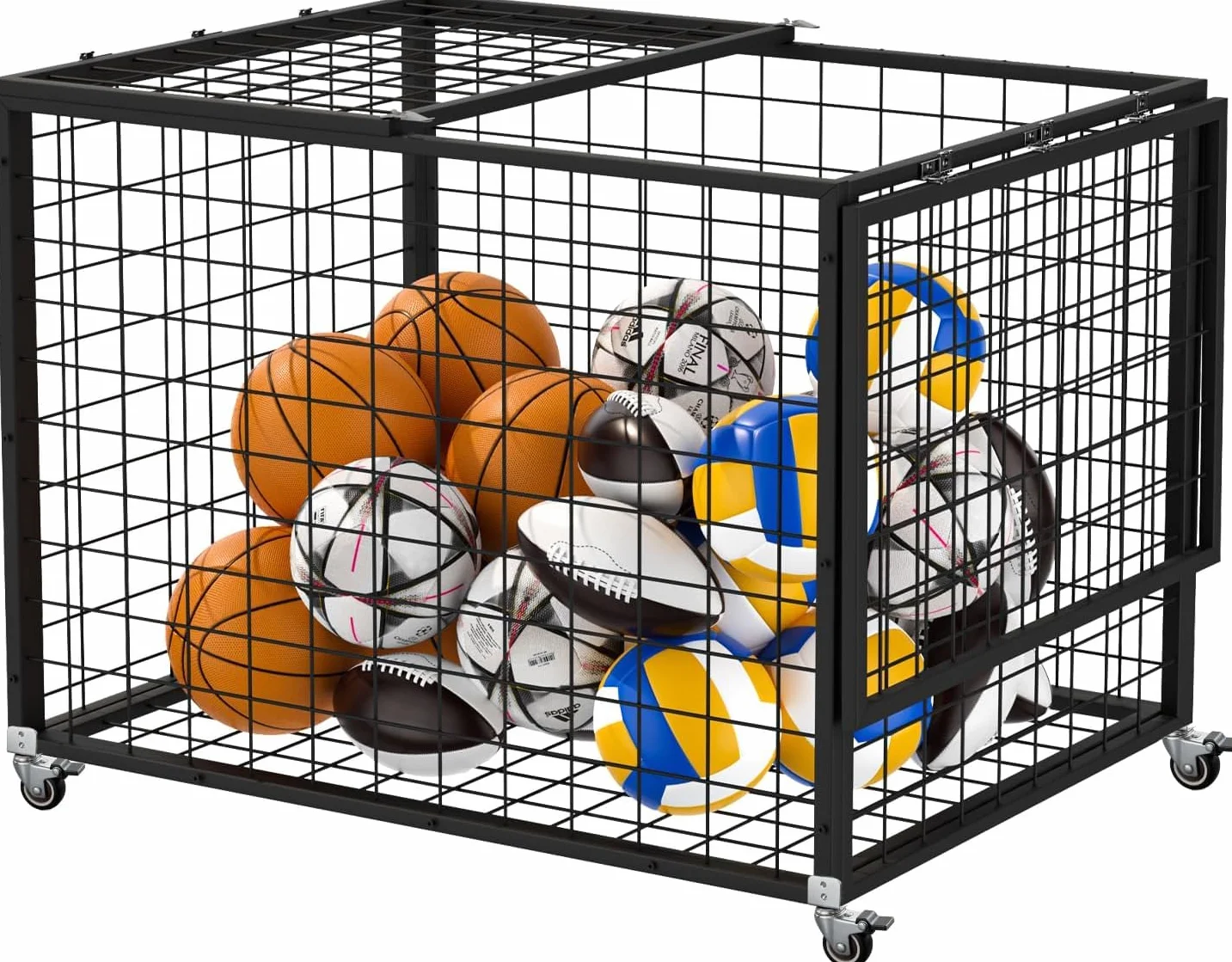 Chariot de rangement à roulettes pour ballons de sport avec double couvercle verrouillable