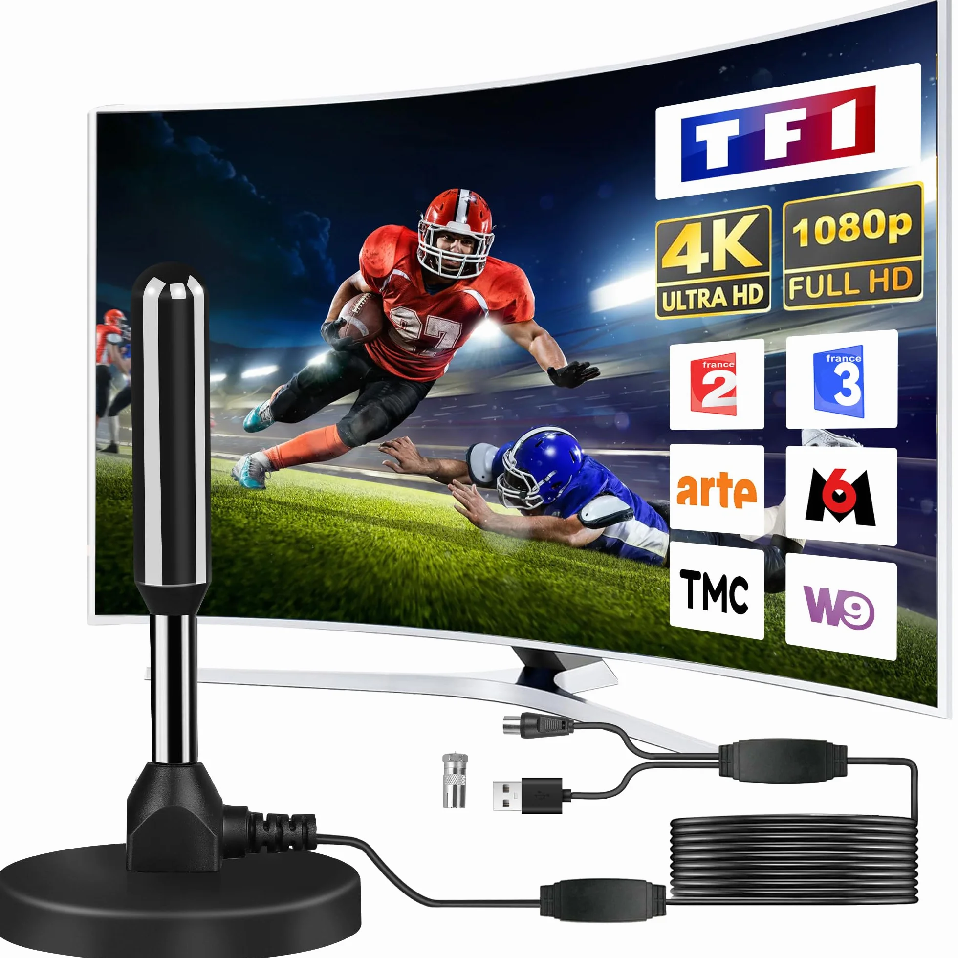 Antenne TV IntéRieur Puissante, Nouveau pour 2026 Antenne TNT IntéRieur Puissante, CâBle Coaxial De 5m, RéCeption Longue Distance 500km, 360 DegréS sans Angle Mort
