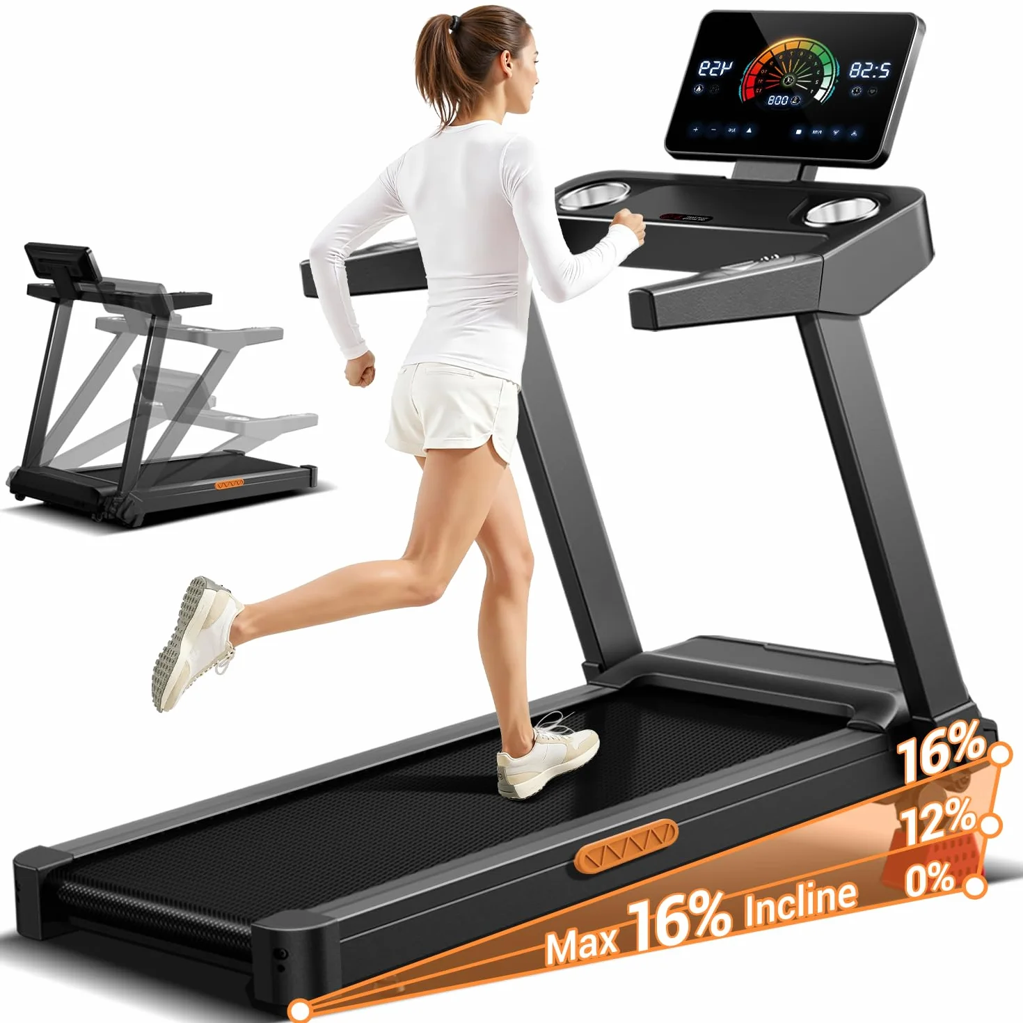 UMAY Tapis de Course Pliable Inclinable 16% 14KM/H 3,5CV 180KG
