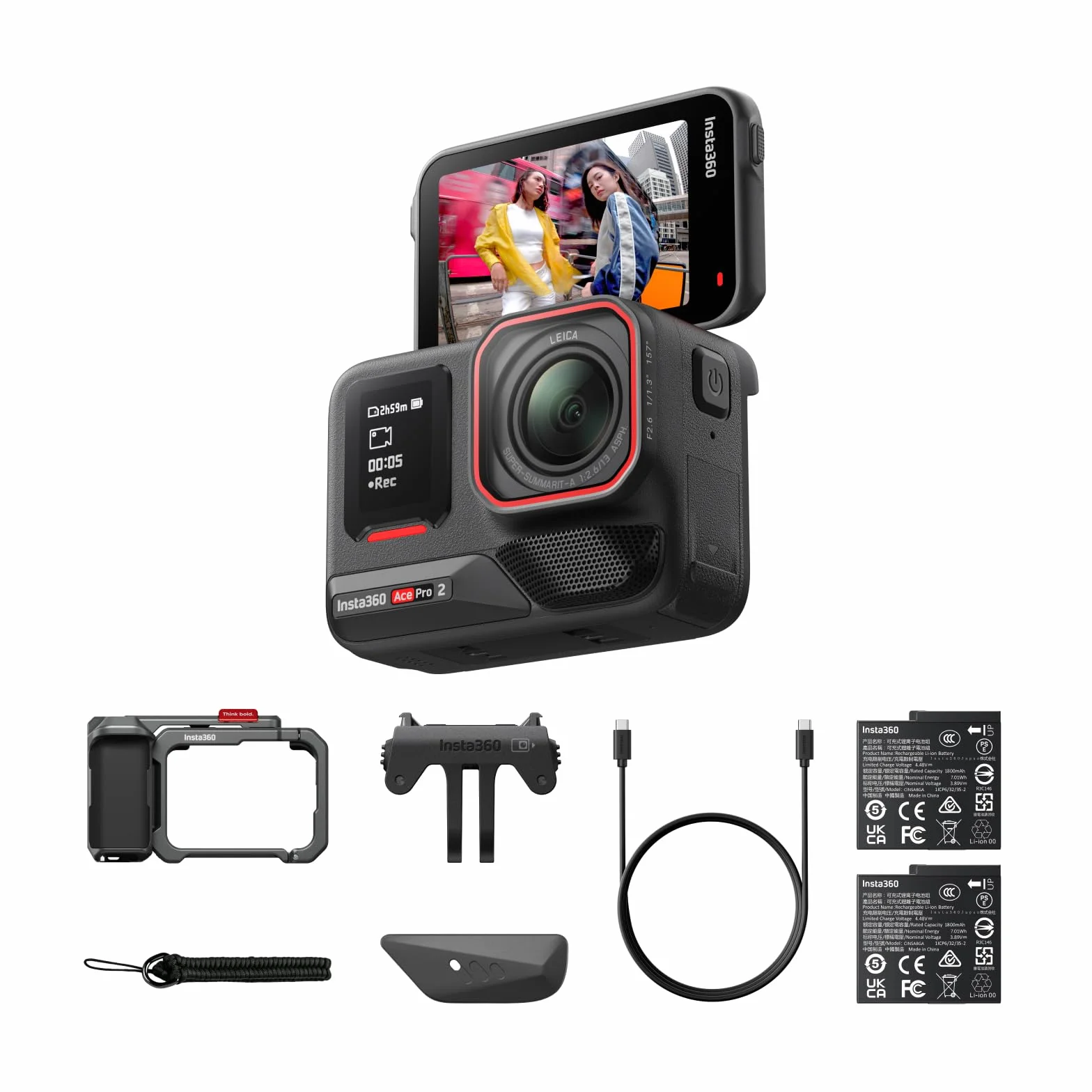 Insta360 Ace Pro 2 Pack Xplorer Gris Ardoise - Caméra d'action étanche 8K co-conçue avec Leica, capteur 1/1,3", Double Puce d'IA, qualité en Basse lumière, Audio avancé, Double Batterie