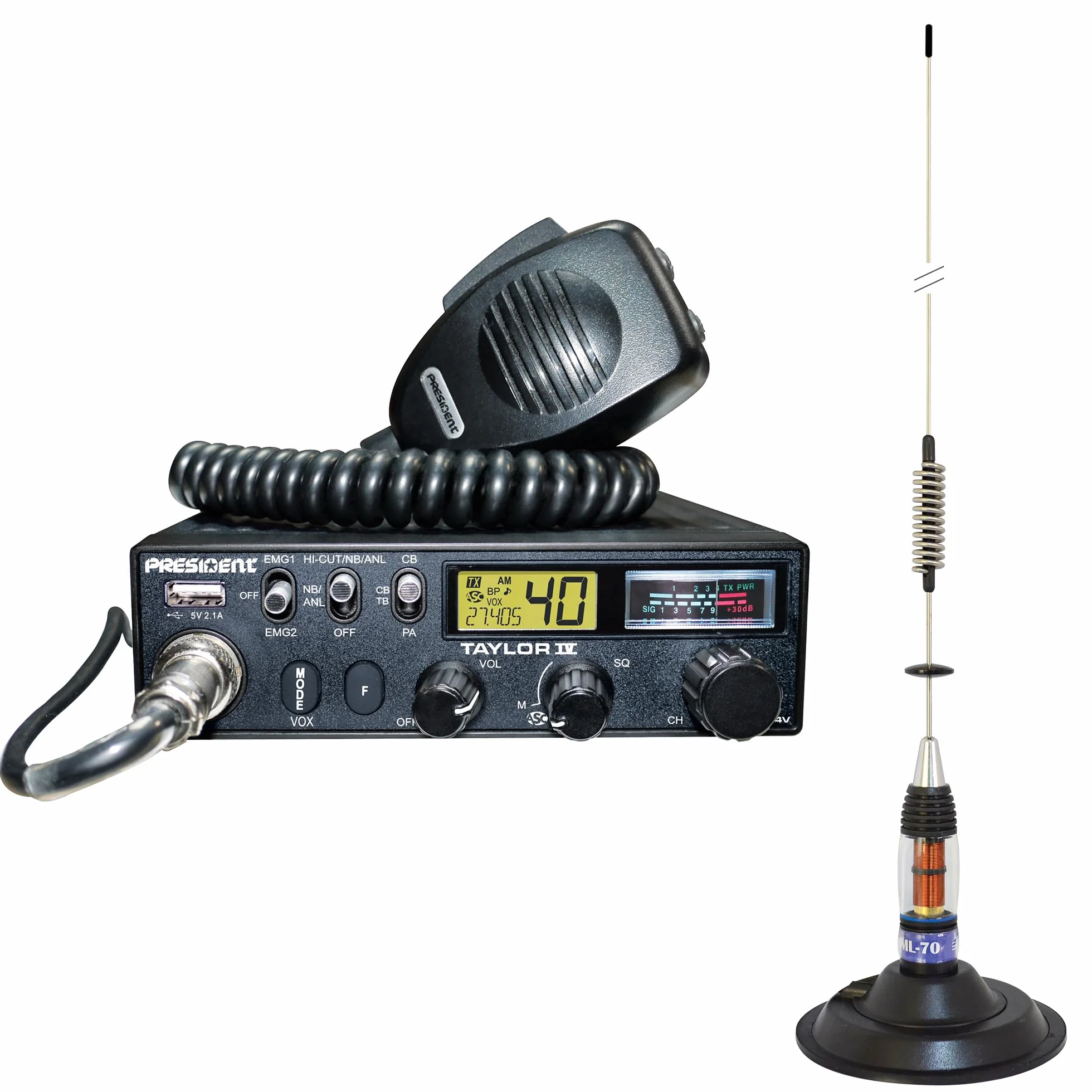 CB Station de Radio President Taylor IV ASC + antenne CB PNI ML70 Kit, 70 cm, 26-30 MHz, 200 W