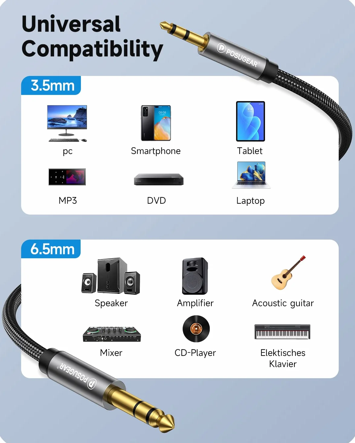 POSUGEAR Câble Audio 3.5mm vers 6.35mm Stéréo Jack 3M, Nylon Tressé Jack Stéréo 6.35 Mâle vers 3.5 Mâle pour Lecteurs de DVD, Haut-parleurs, Table de Mixage, Cinéma Maison etc.