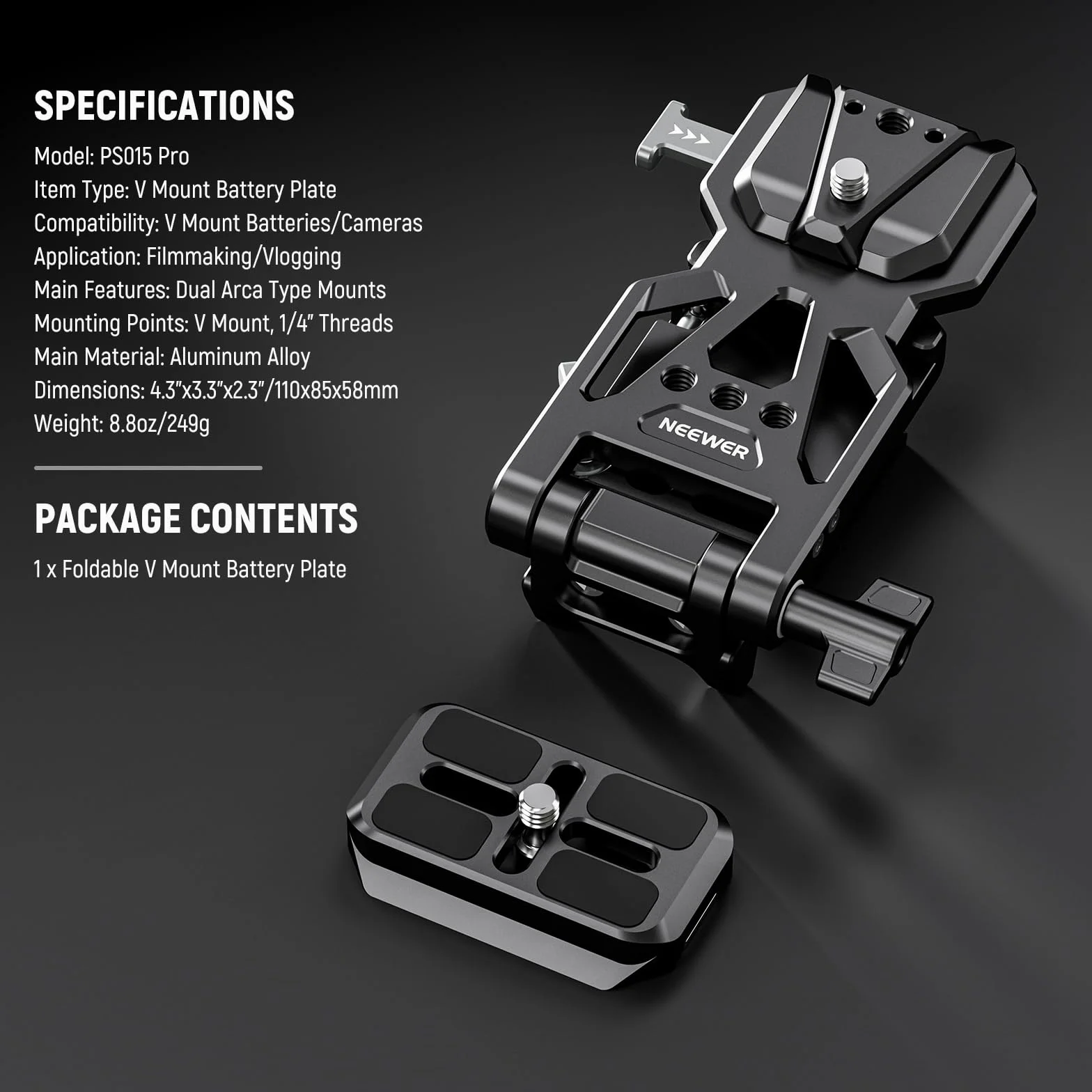 NEEWER Plaque Pliable pour Batterie V Mount et Plaque Base Type Arca Dégagement Rapide, Rig Vidéo Léger pour Caméra DSLR Compatible avec SmallRig Batterie V Mount DJI RS4 RS3 Stabilisateur, PS015 Pro