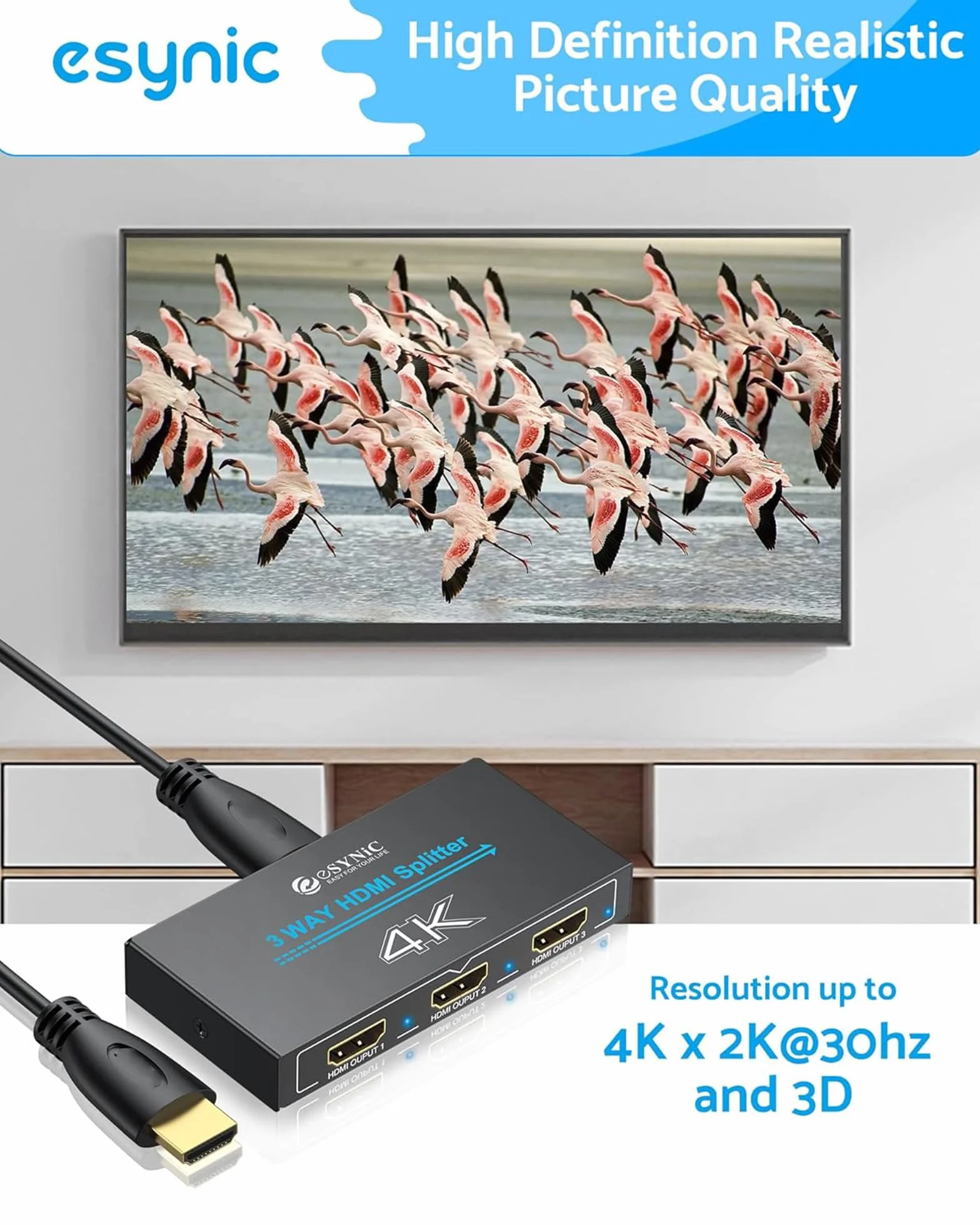 eSynic Répartiteur HDMI 1 Entrée 3 Sorties 4K@30HZ HDCP 1.4 Coque Métal