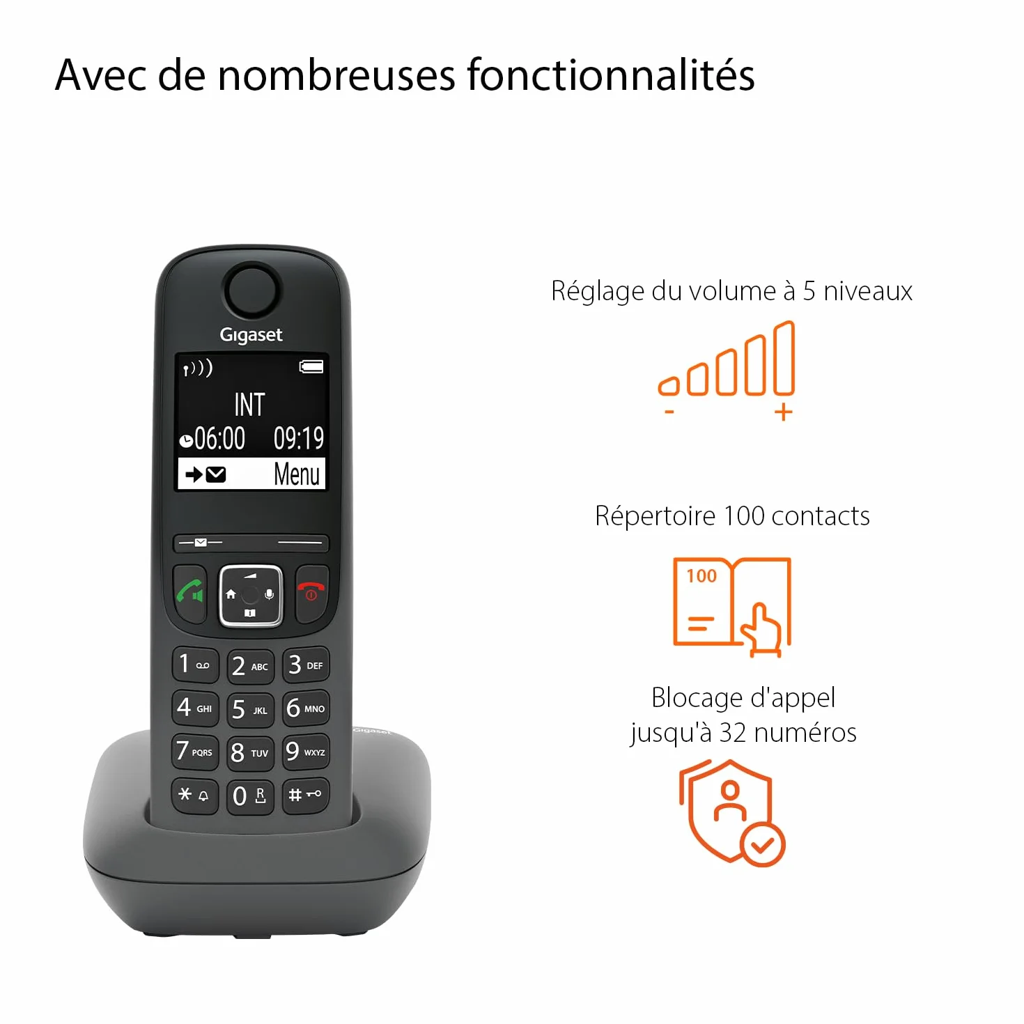 Gigaset A695 téléphone DECT sans fil grand écran fort contraste qualité audio mains libres gris