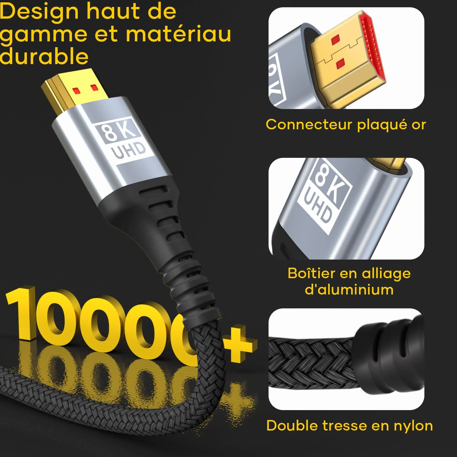 Câble HDMI 3M 2.1 10K 8K,câble HDMI ultra haute vitesse 48Gbit/s 10K 8K@60Hz 4K@120Hz 7680P,HDMI 2.1 prend en charge HDR10 eARC 3D HDCP 2.2et2.3,compatible avec PS5/4 X-Box HDTV lecteur/moniteur/PC