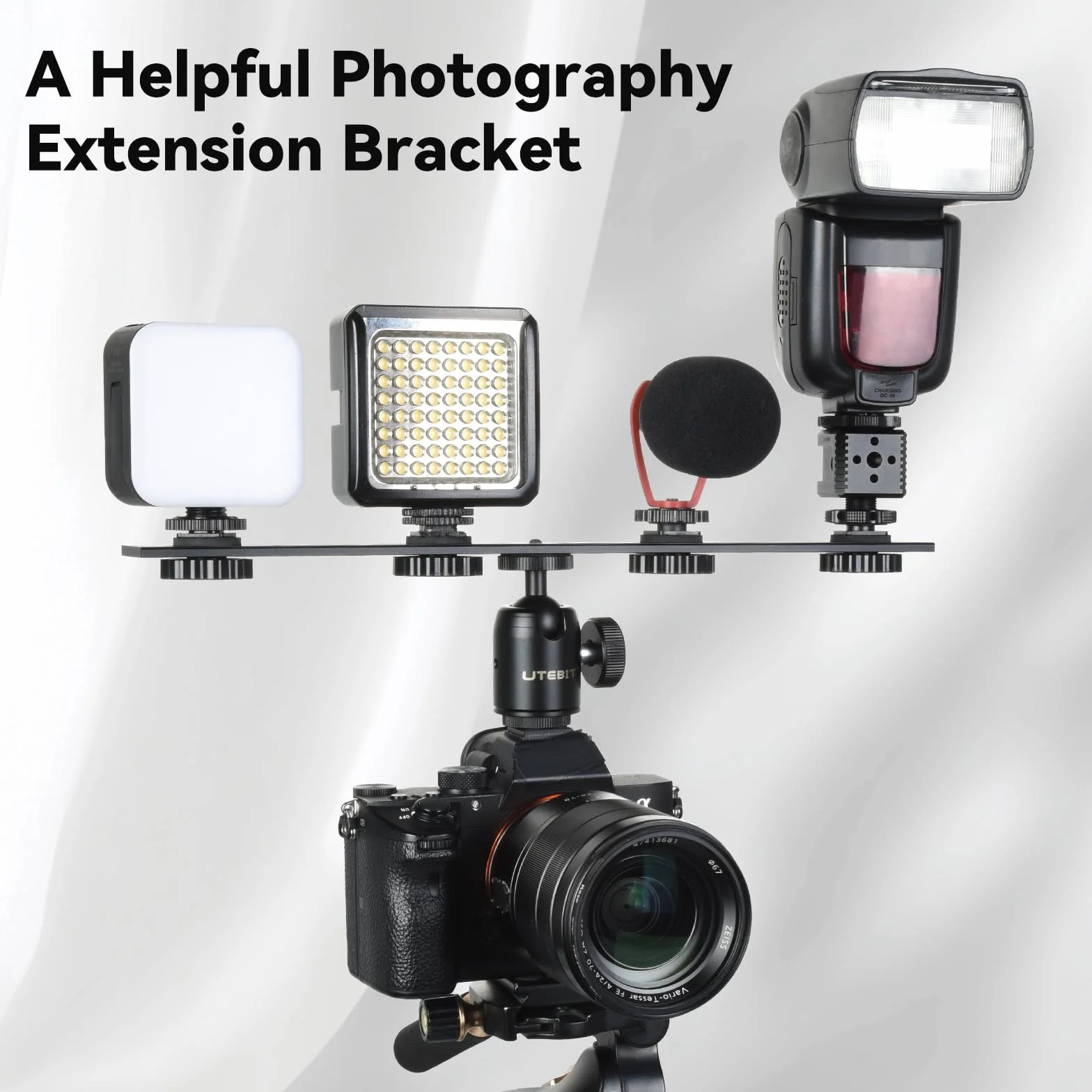 UTEBIT 13 in Support De Flash Double, Rail De Flash En Aluminium Avec Vis 1/4" Et 3/8", Support De Flash Pour Appareil Photo Avec Double Griffe Pour Appareil Photo DSLR, Lumière LED