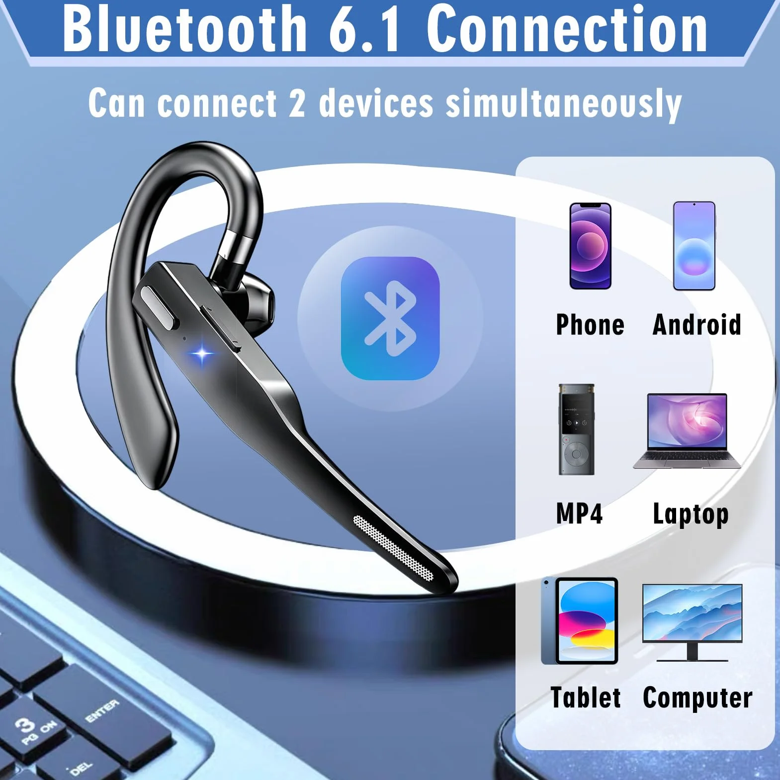 Oreillette Bluetooth sans Fil 6.1 avec Boîtier de Chargement 500 mAh, Kit Main Libres Bluetooth avec Dual Mic CVC8.0, Écouteurs sans Fil Casques Mono Légère pour Conduite/Bureau/Affaires