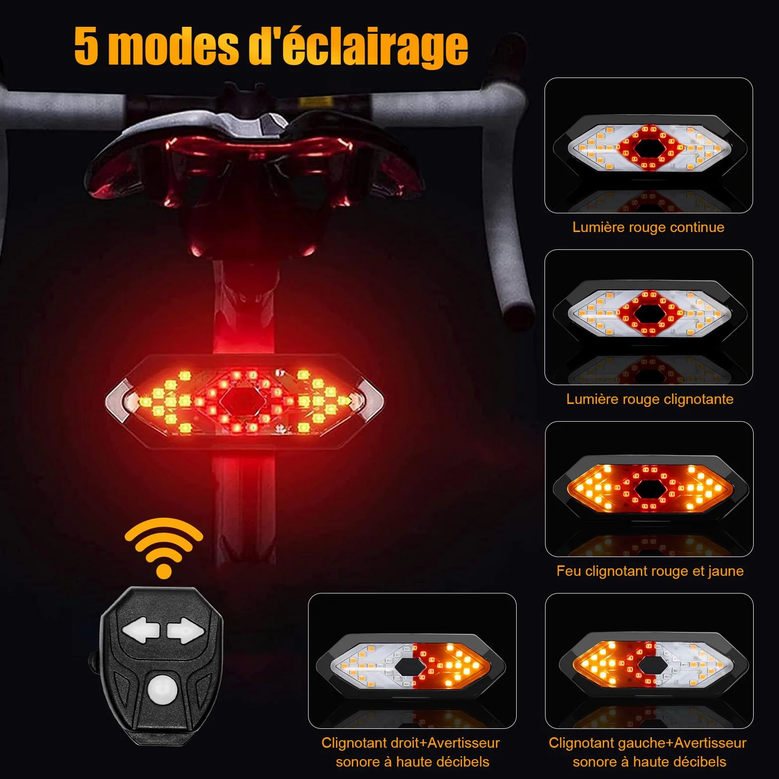 EBUYFIRE Feu Arrière Vélo avec Clignotants et Télécommande - 5 Modes LED, IPX4 Étanche, USB Rechargeable, Klaxon Intégré, Montage Universel