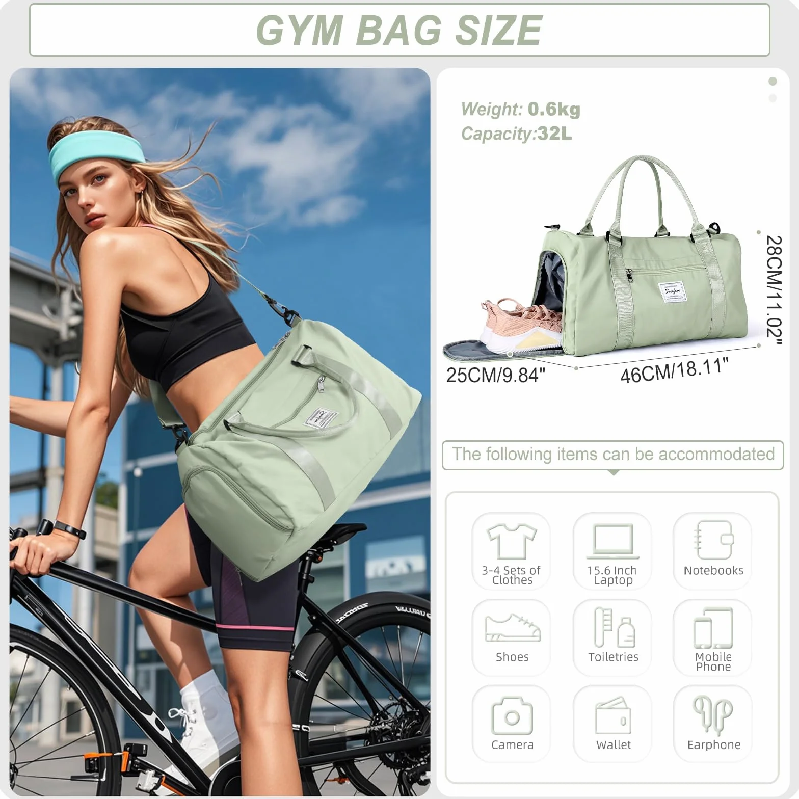 HYC00 Sac de Sport Femme Homme avec Compartiment Chaussures Poche Humide, Sac Voyage Weekender Duffle Bag Fitness Gym, Vert Herbe