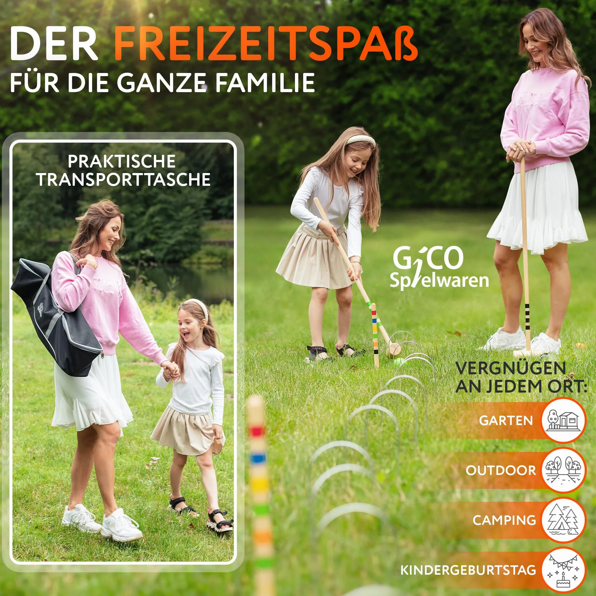 GICO Jeu de Croquet 4 Joueurs Maillets Taille Adulte 100 cm Sac de Transport