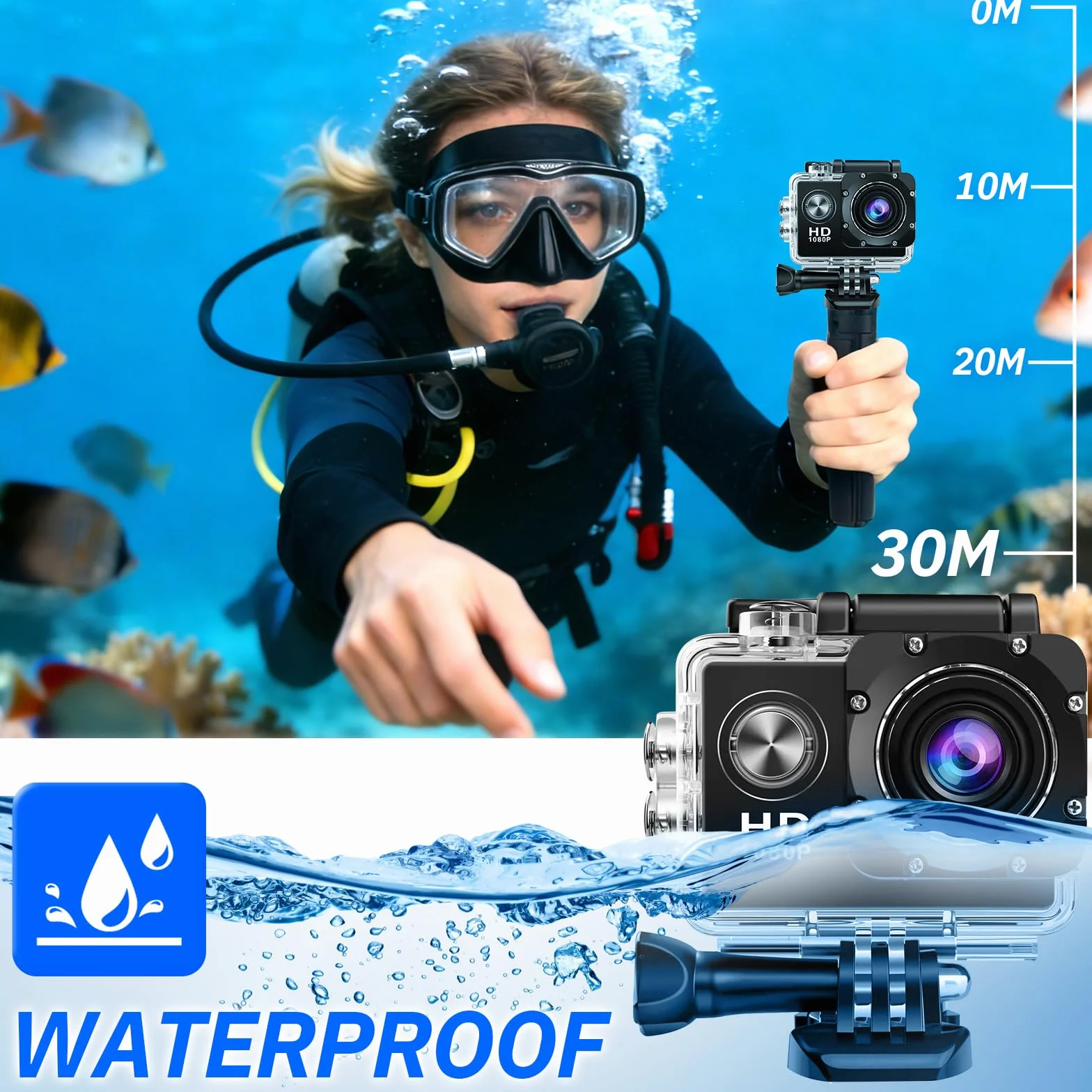Caméra Sport 1080P Etanche 30M Grand Angle avec Carte Mémoire 32GB et Deux Piles Rechargeables 900mAh