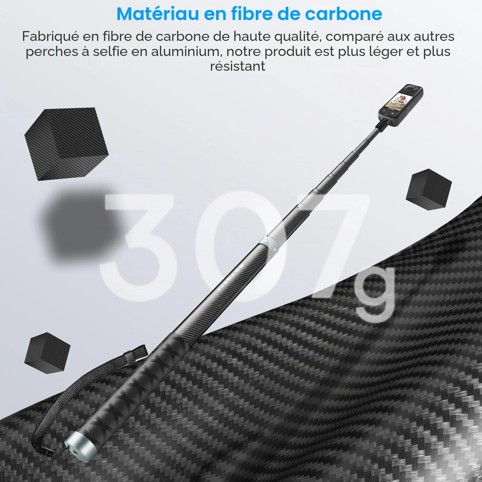 REYGEAK 300cm / 118 "Extended Selfie Rod pour insta360 X4, 7 Pieds Extra Long Invisible Selfie Rod avec 1/4 vis Fibre de Carbone Étanche Extension Monopode pour inst360 X4 / X3 /X2 / One