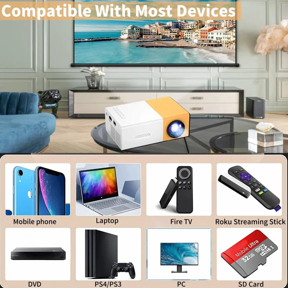 Mini Projecteur Portable 1080P Full HD avec Télécommande HDMI Audio Smartphone Tablette PC TV Stick USB AV Jaune