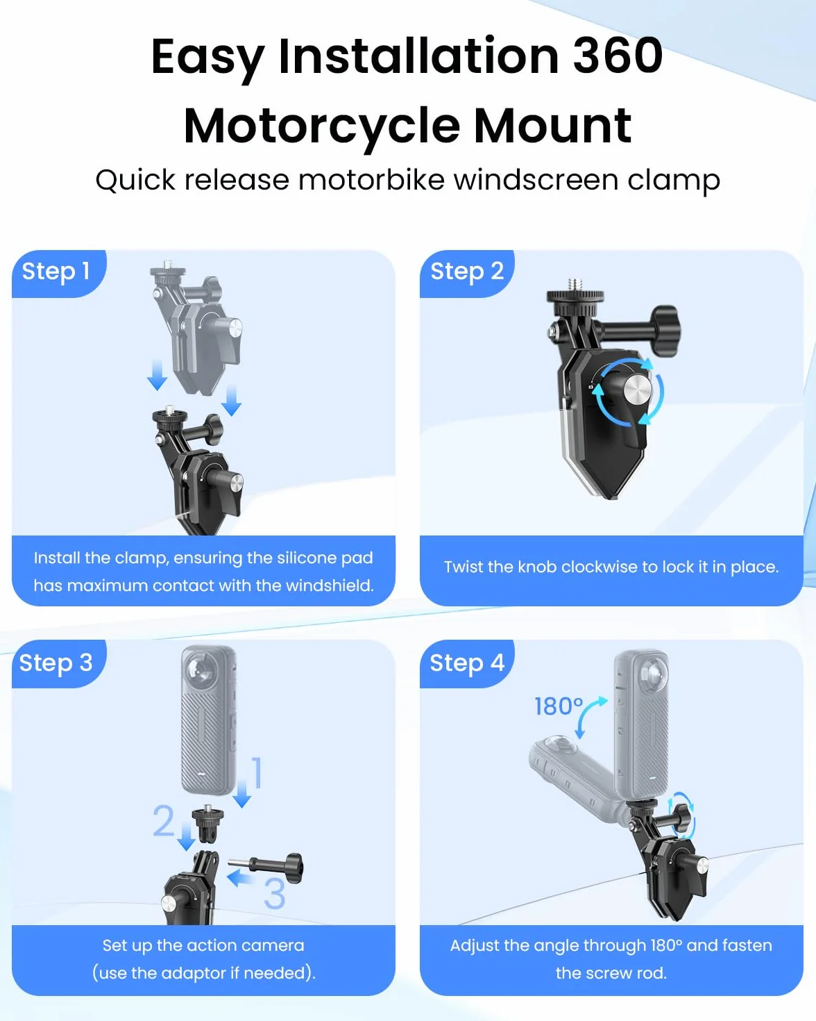 Support À Pince pour Pare-Brise De Moto Caméras pour Insta360 X5 X5/X4/X3 pour GoPro pour DJI Osmo Action Supports À Pince pour Moto pour Accessoires Insta360 X5